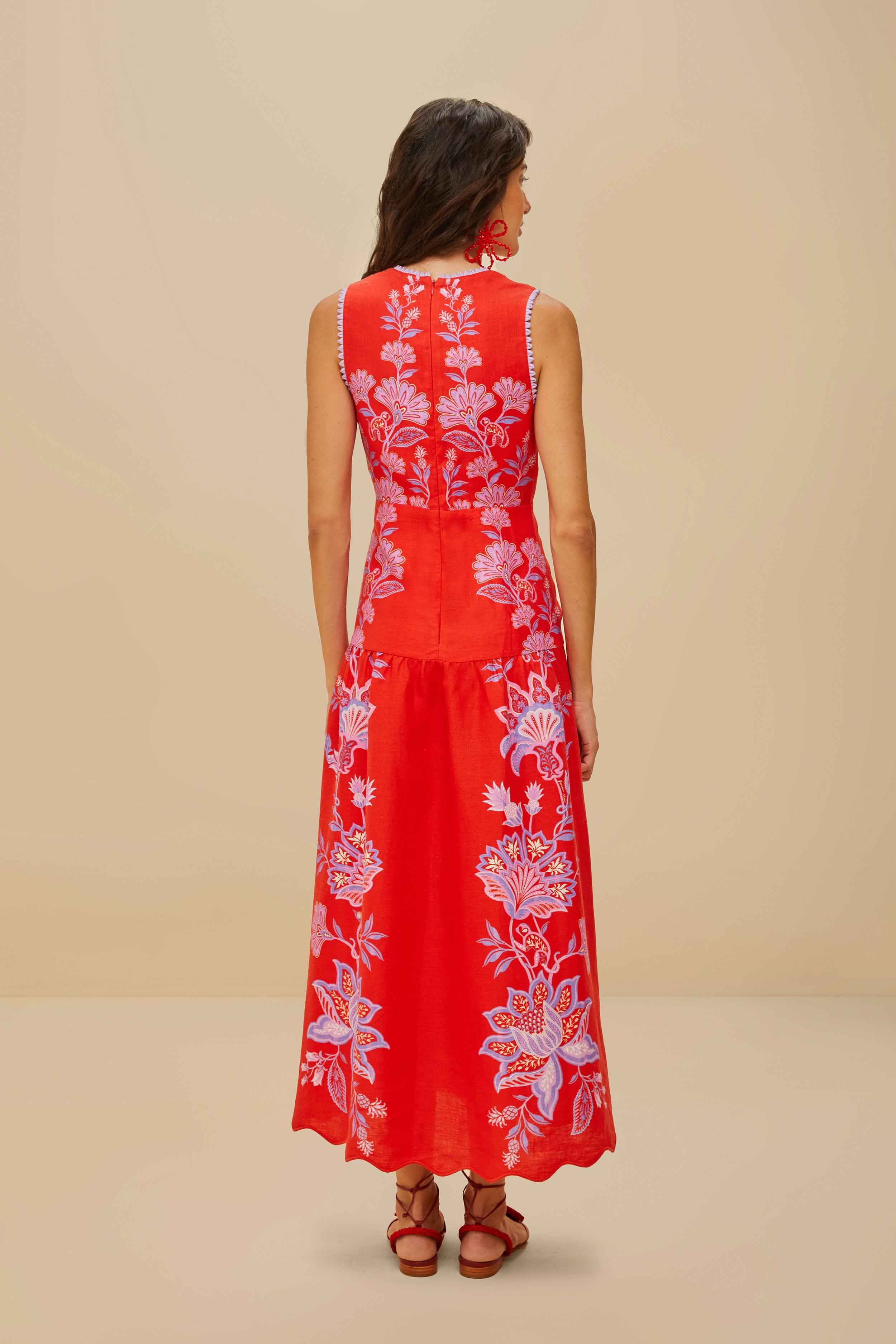 Red Porcelain Garden Euroflax™ Premium Linen Midi Dress - 4