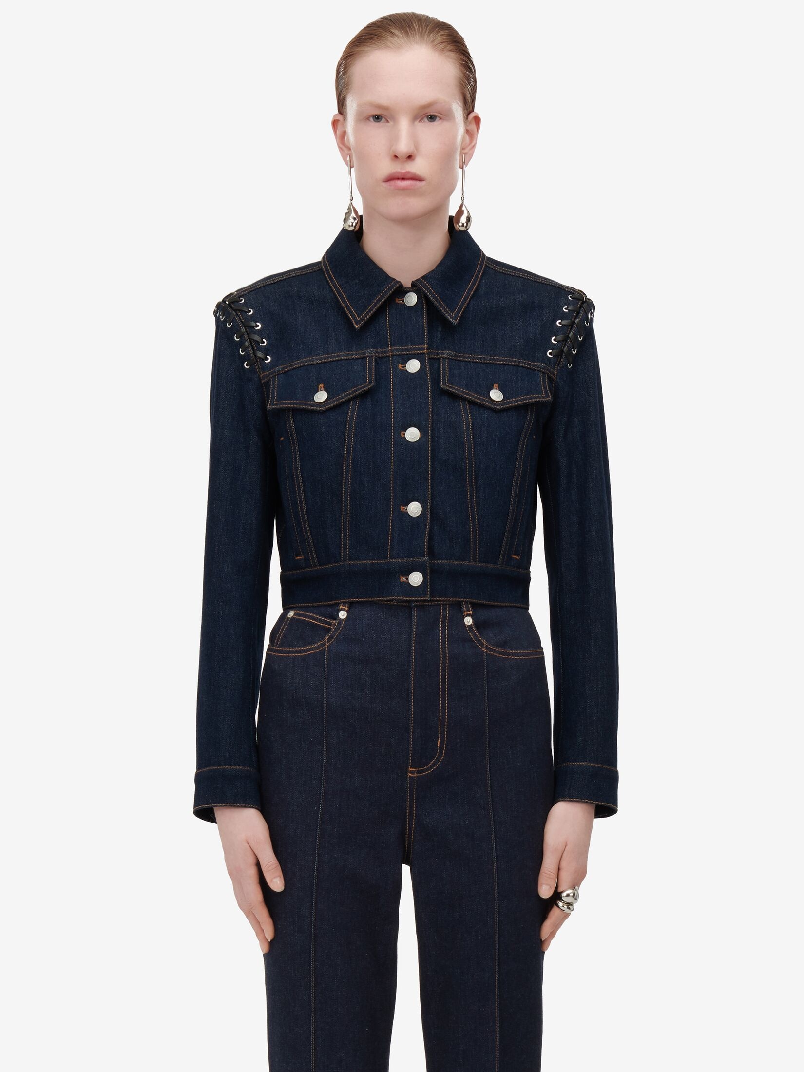 Women's Lace Detail Cropped Denim Jacket in Denim - 5