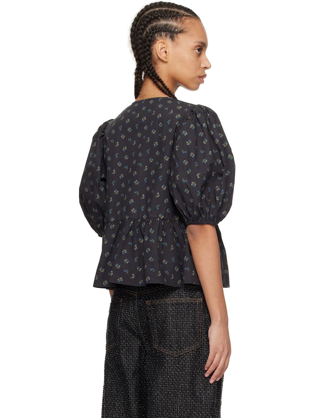 Black Printed Cotton Peplum Blouse - 3