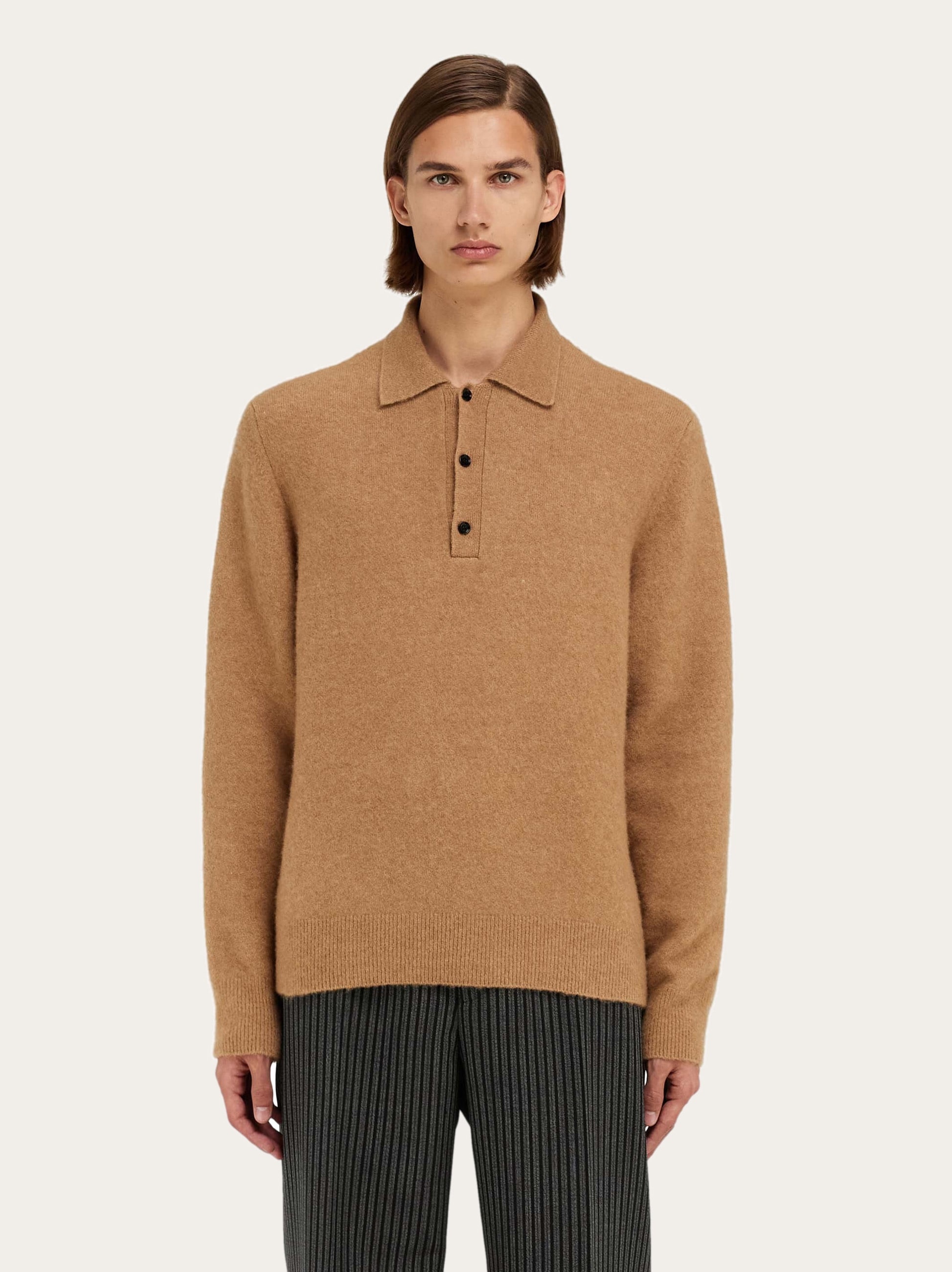 Long sleeved camel and silk polo shirt - 2