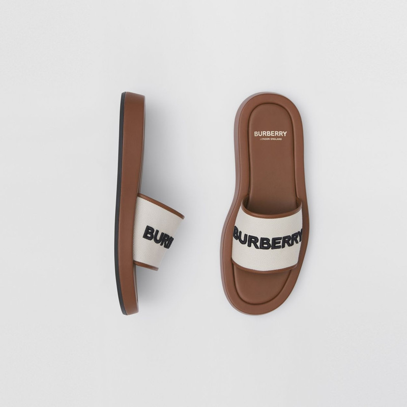 Embroidered Logo Canvas and Leather Slides 1