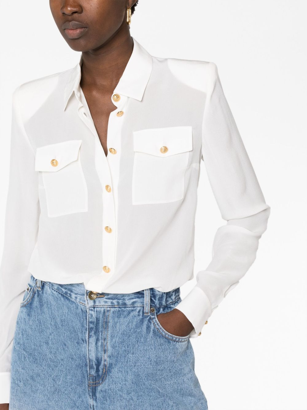 padded shoulders silk blouse - 5