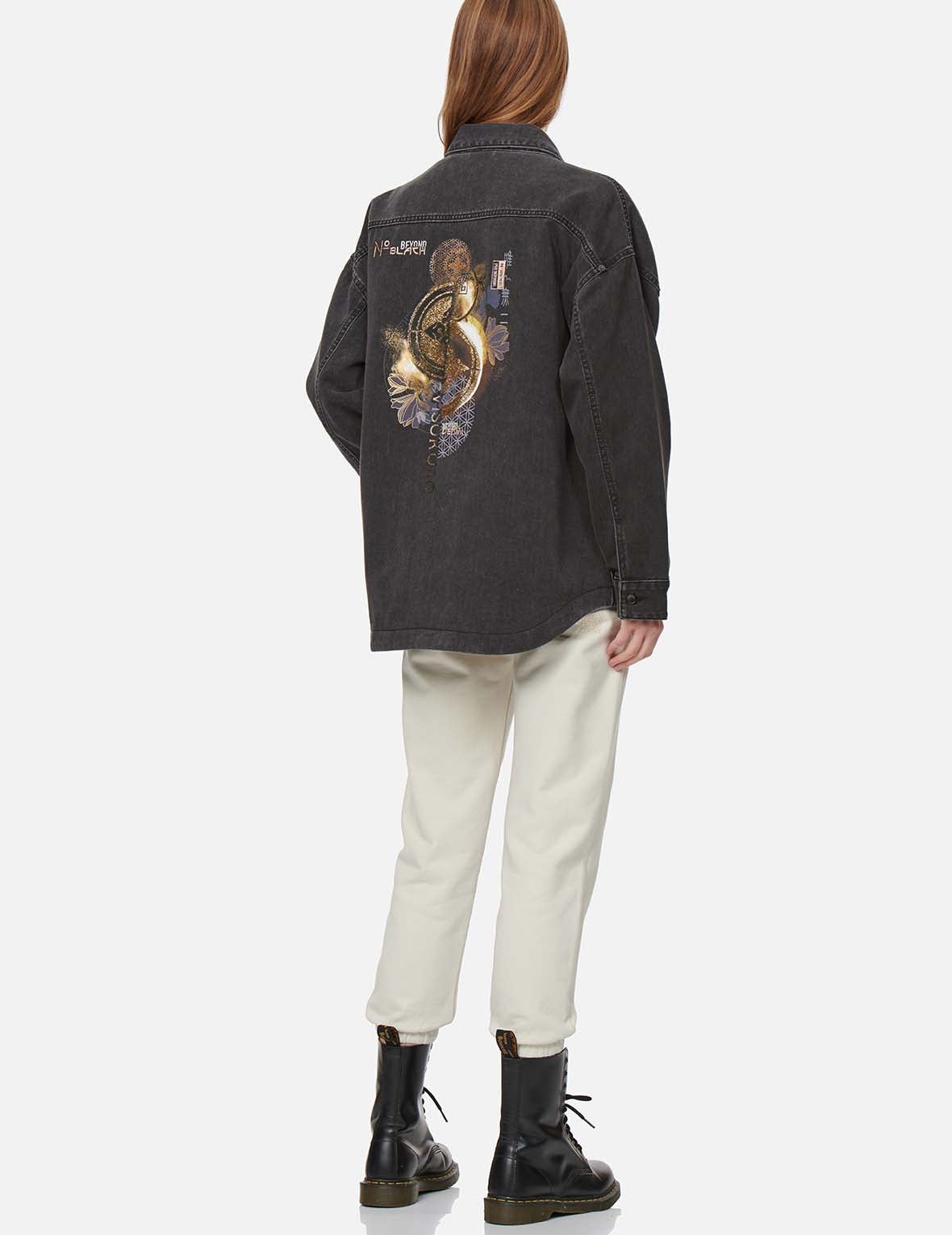 Kamon Glitter Print Oversize Denim Shirt Jacket - 5