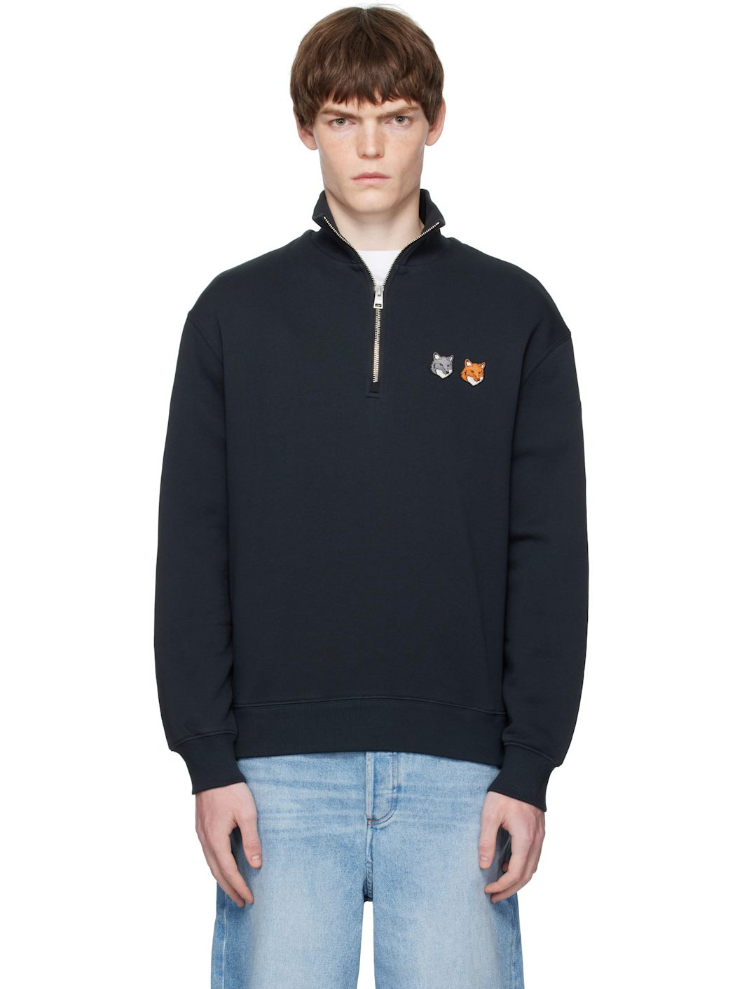 Navy Double Bold Fox Head Half Zip Comfort Sweatshirt - 1