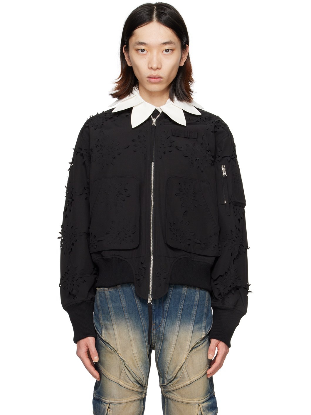 Black Floral Bomber Jacket - 1