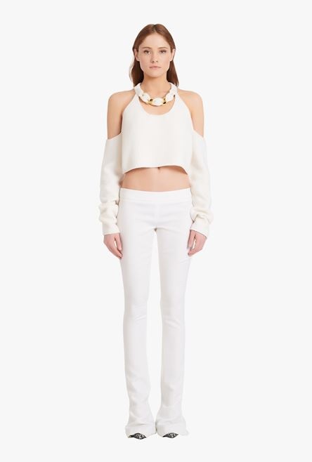 Cropped white knit sweater - 4