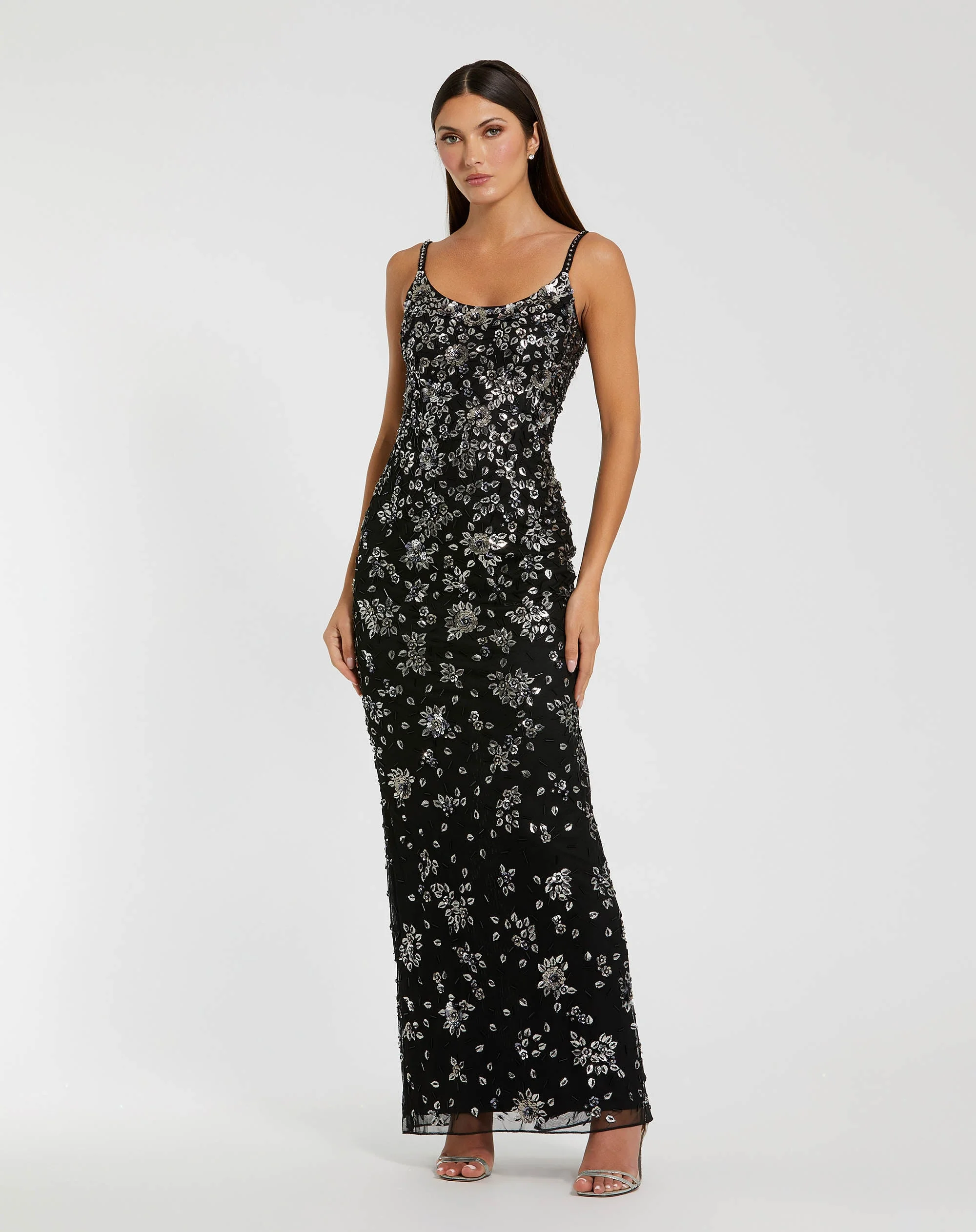 Black Floral Embellished Scoop Neck Evening Gown - 1