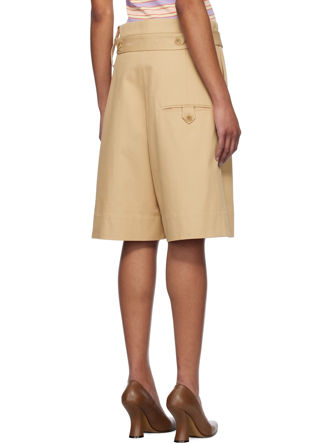 Beige Folded Front Pleat Shorts - 3