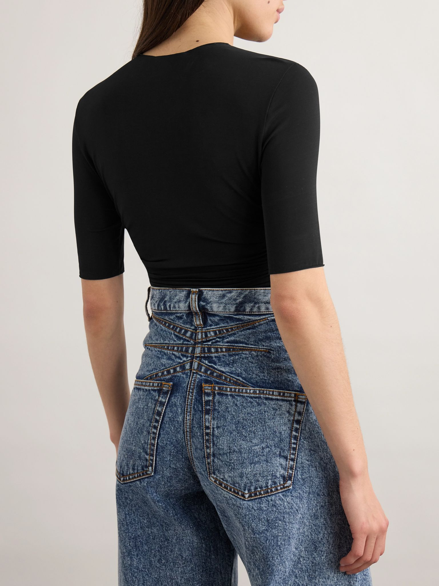 Ruched stretch-jersey T-shirt Black - 3