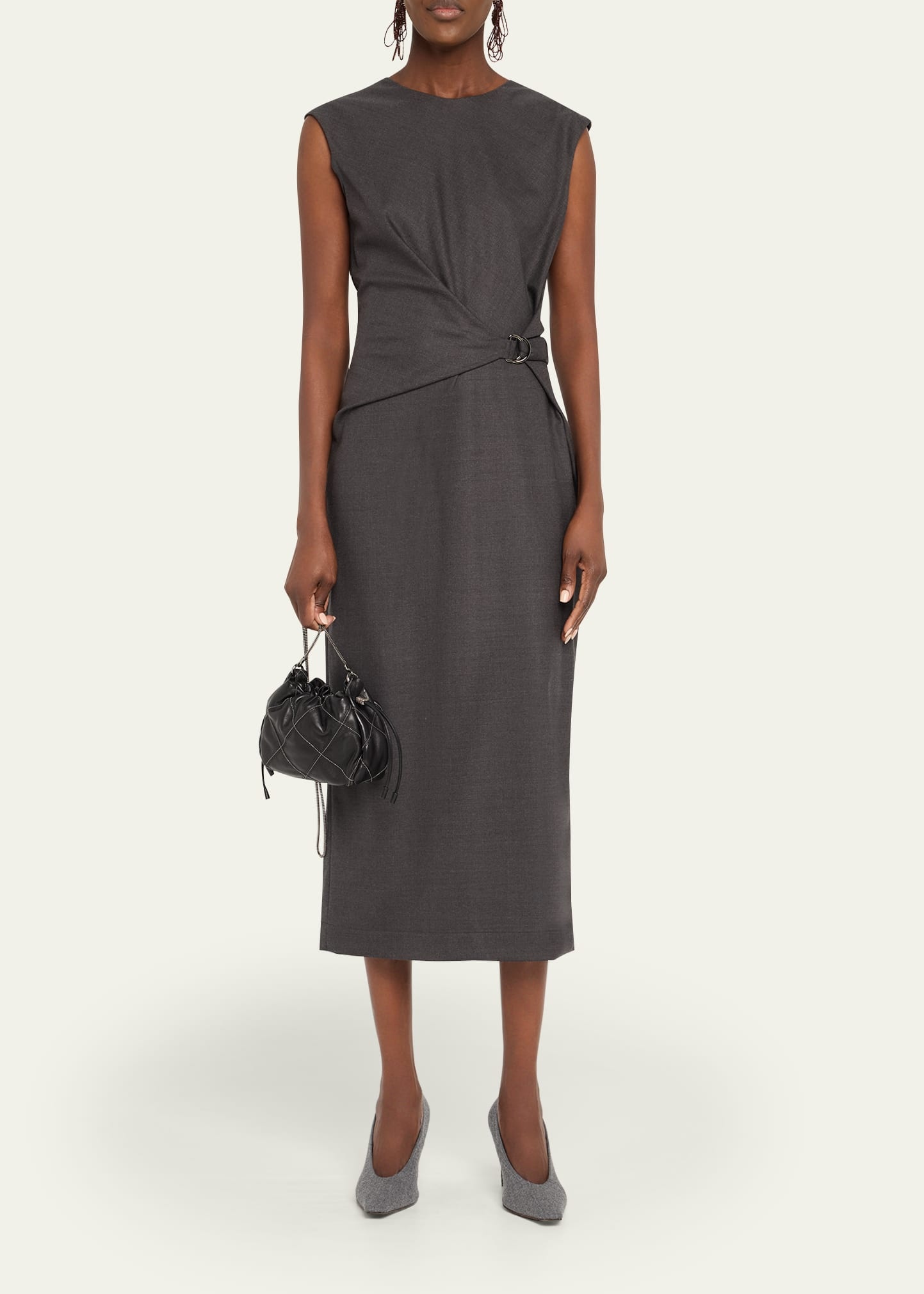 Sleeveless Stretch Twill Wool Wrap Midi Dress - 2