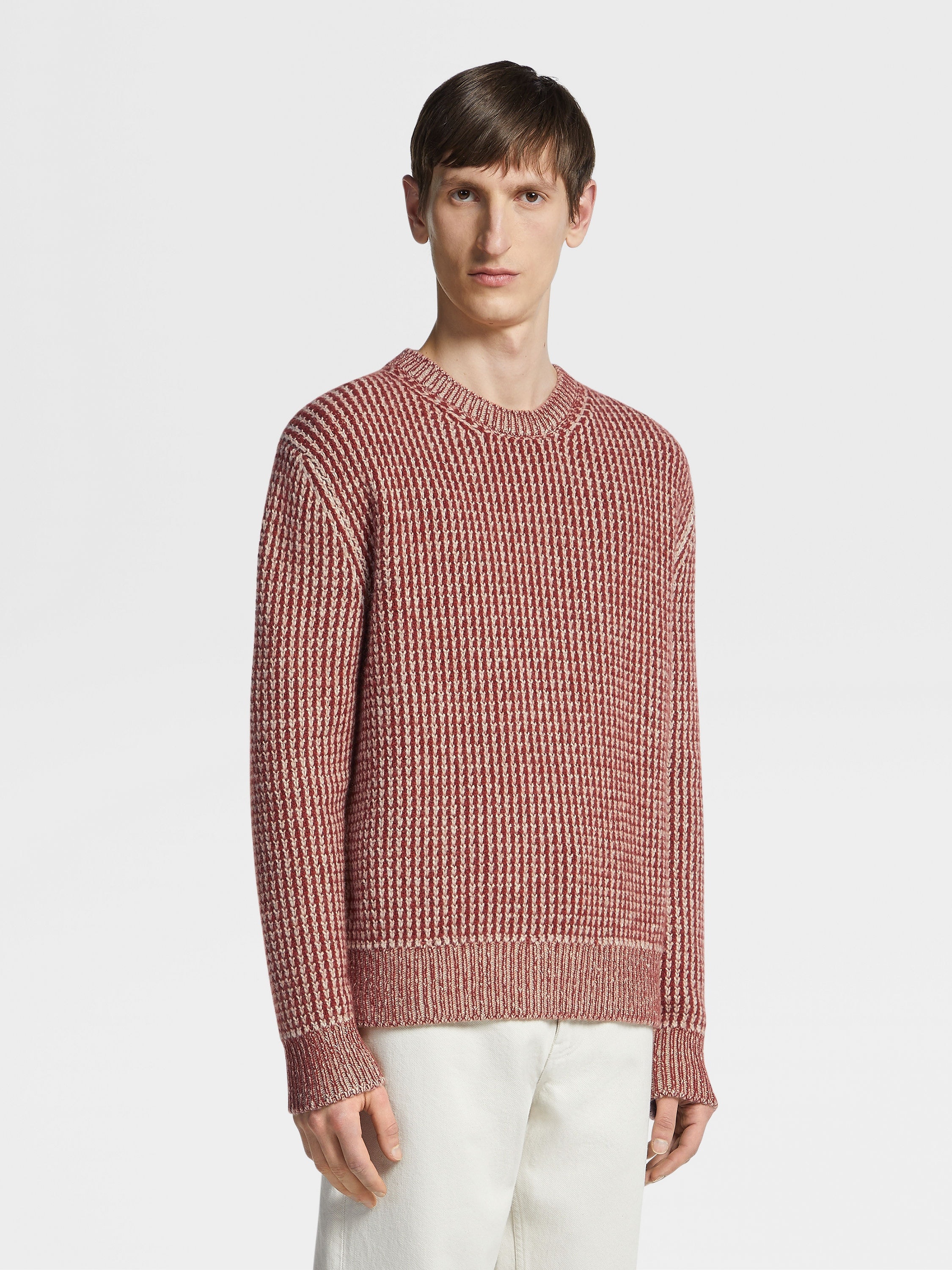 DARK RED AND LIGHT TAUPE OASI CASHMERE CREWNECK - 2