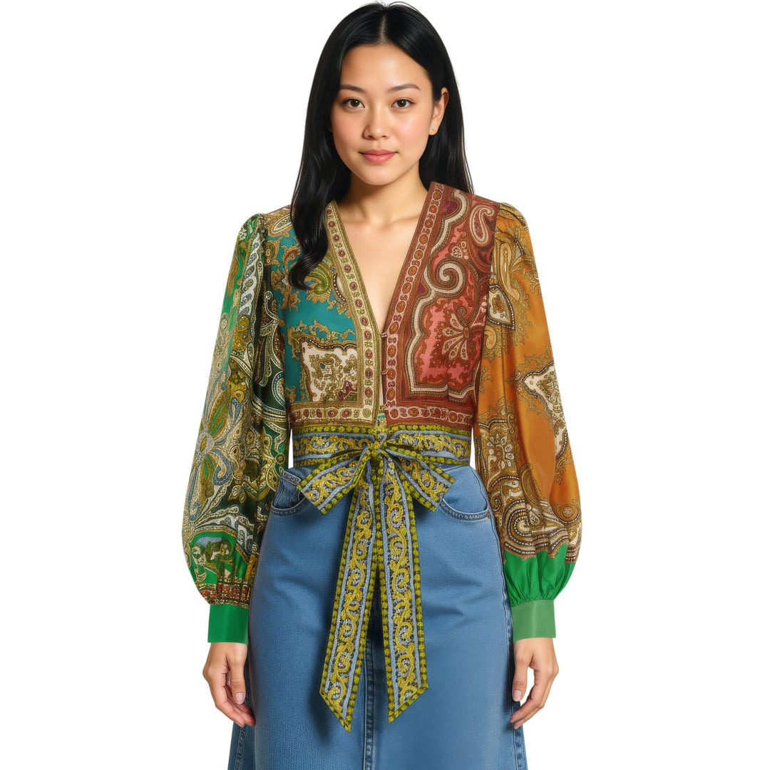 Clemenza Spliced Crop Silk Blouse - 2