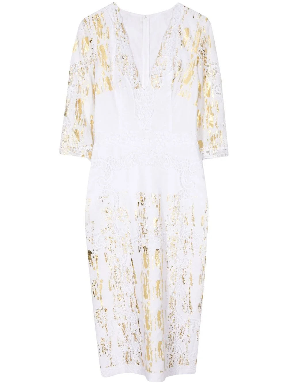 foil-print V-neck linen dress - 1