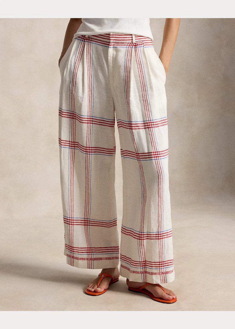 Plaid Linen Wide-Leg Cropped Pant 3