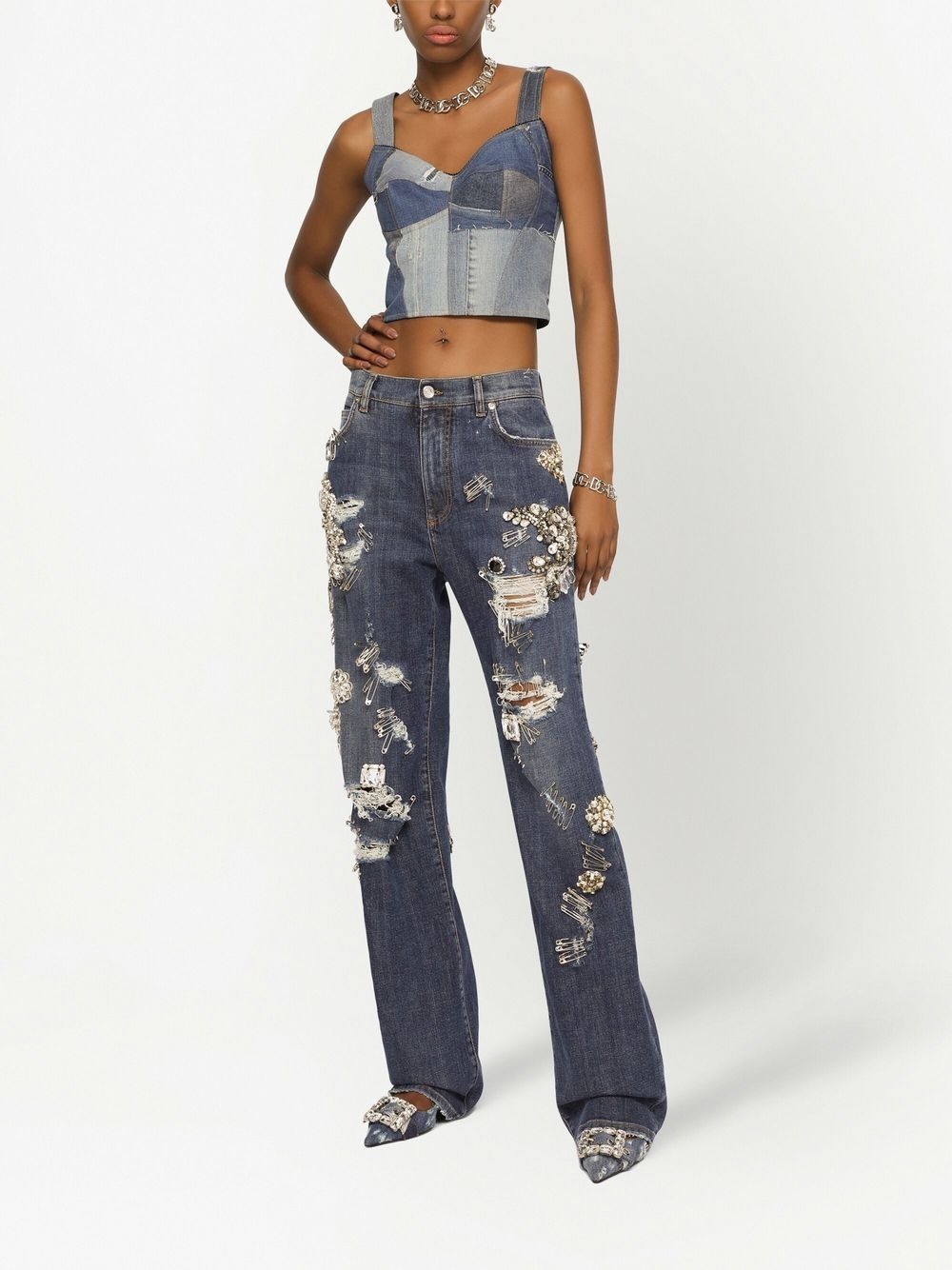 distressed safety-print straight jeans - 2