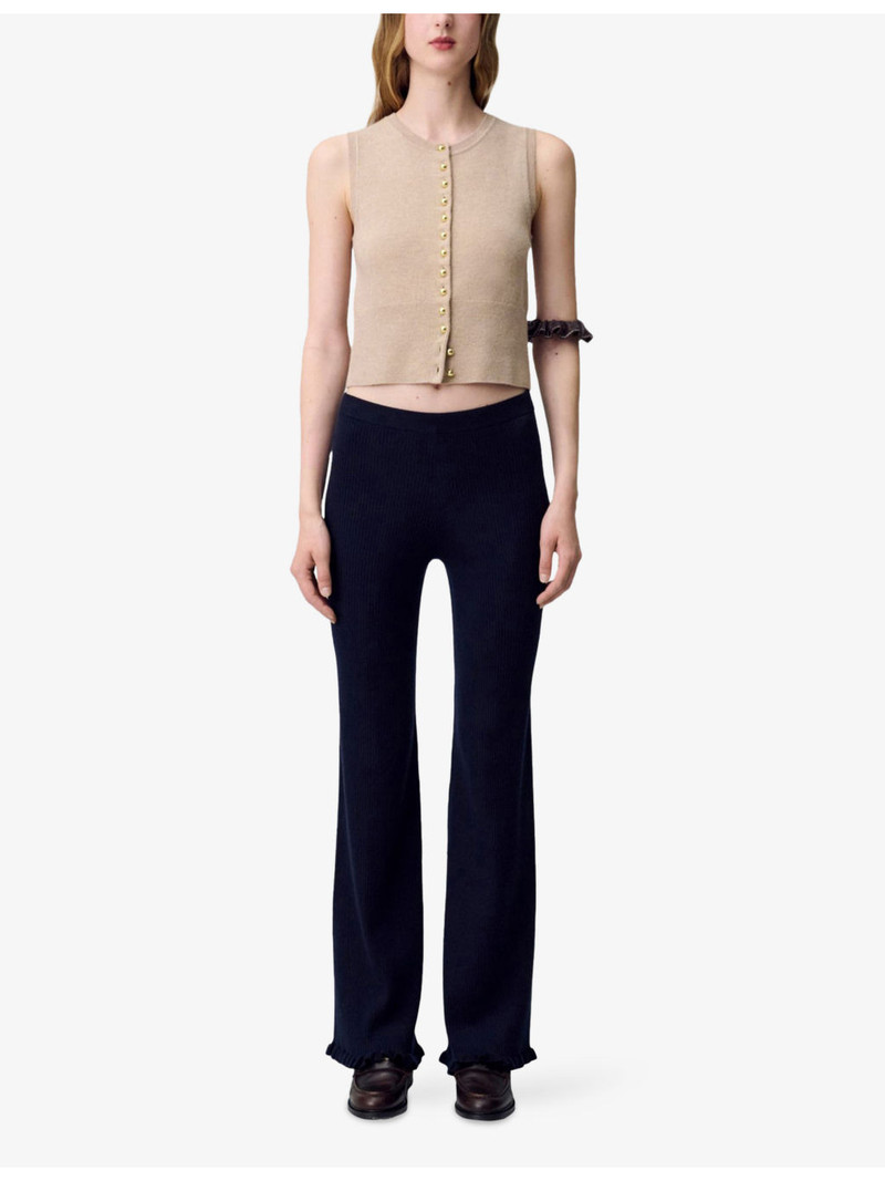 Claudie Pierlot Frilled-Trim Flared-Leg Mid-Rise Stretch-Knit Trousers outlook