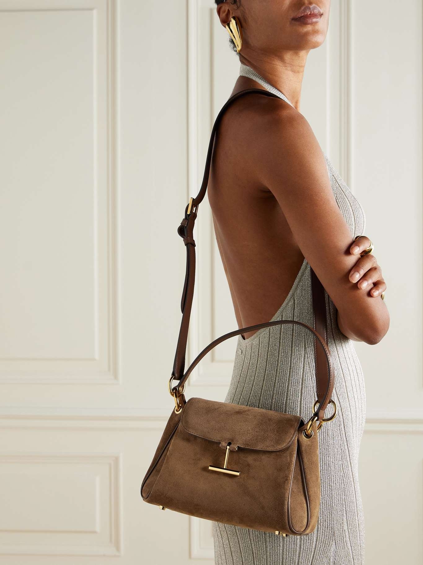 Tara small leather-trimmed suede shoulder bag Brown - 6