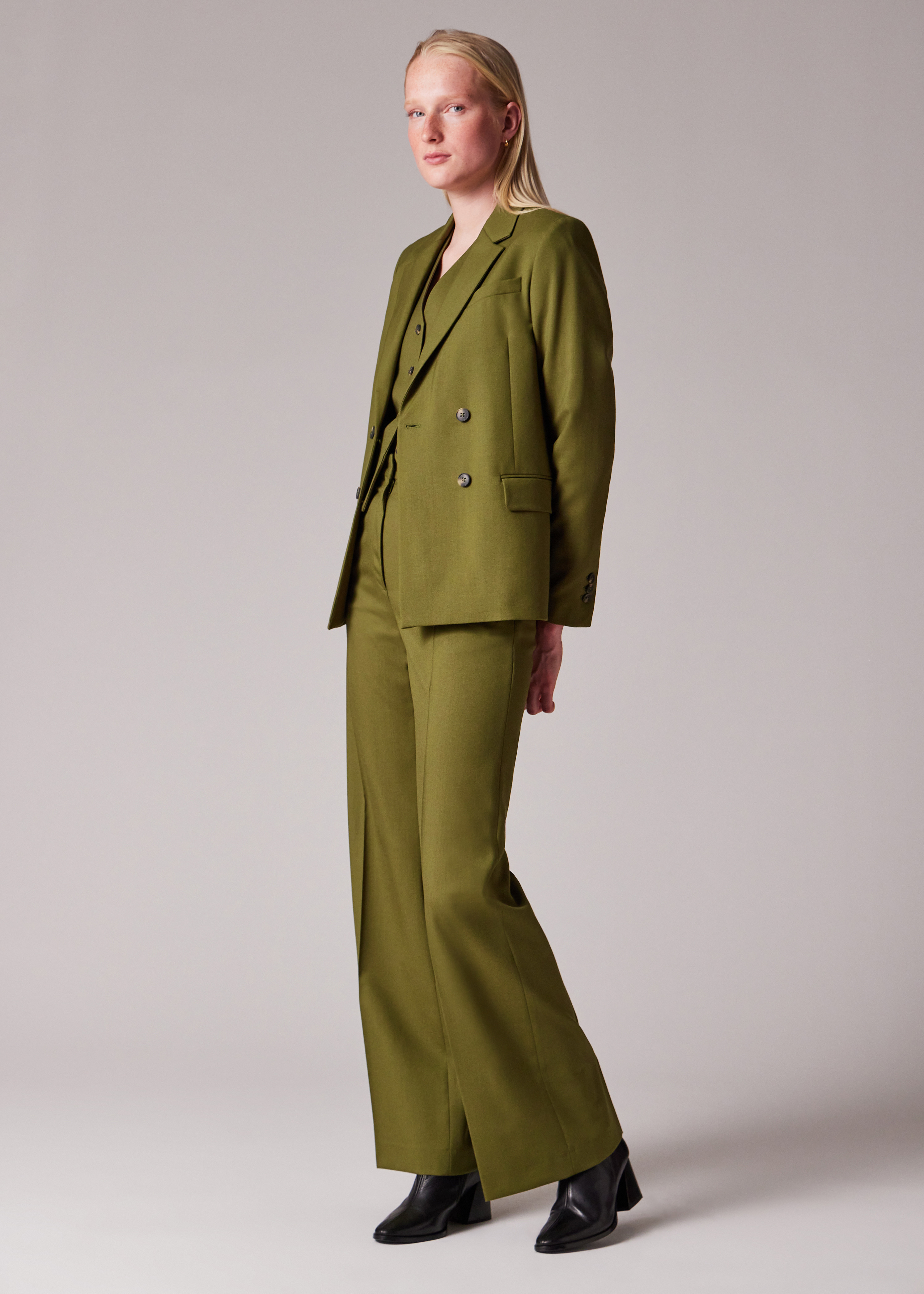 Women's Olive Green Wool Three-Piece Suit - 2