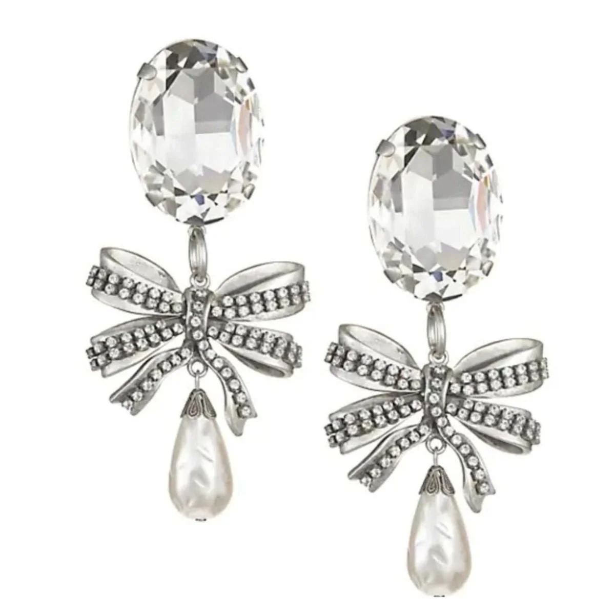 Crystal Bow Pearl Drop Earring - 1