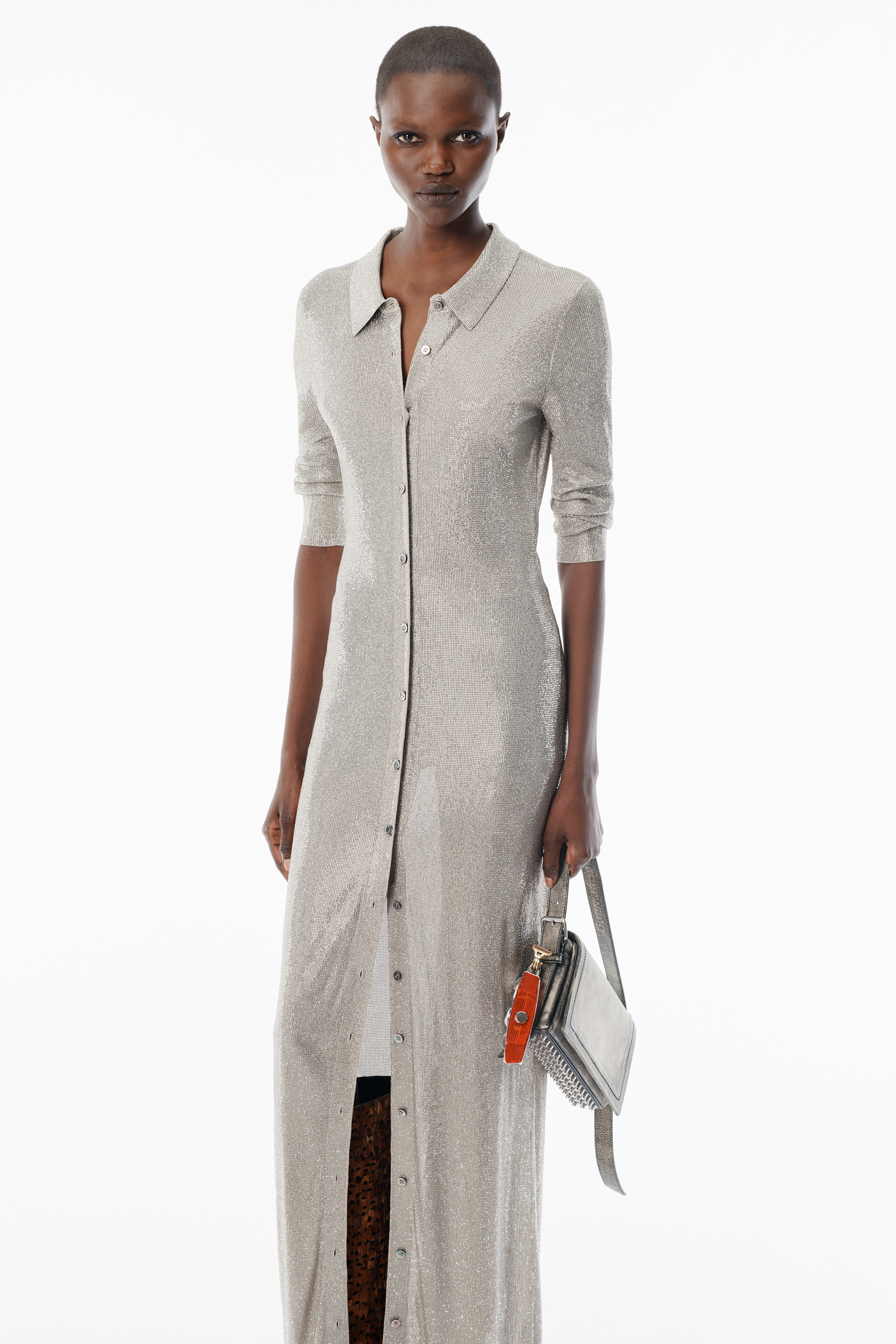 Champagne Crystal Hotfix Long-Sleeve Polo Dress - 3