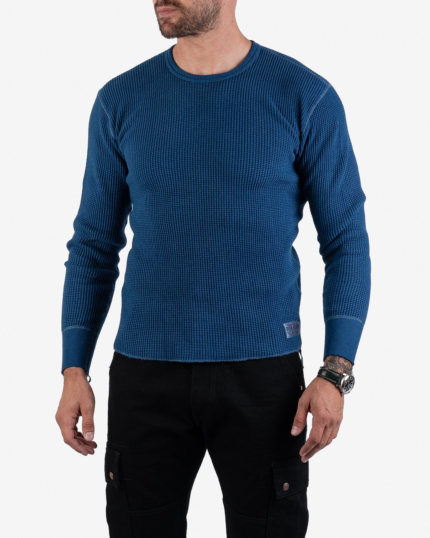 IHTL-1301-IND Waffle Knit Long Sleeved Crew Neck Thermal Top - Indigo Dyed - 2