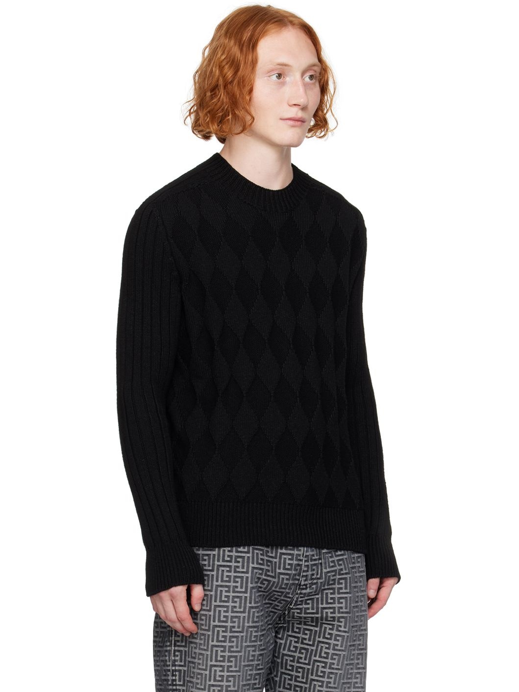 Black Chunky Diamond Jacquard Sweater - 2