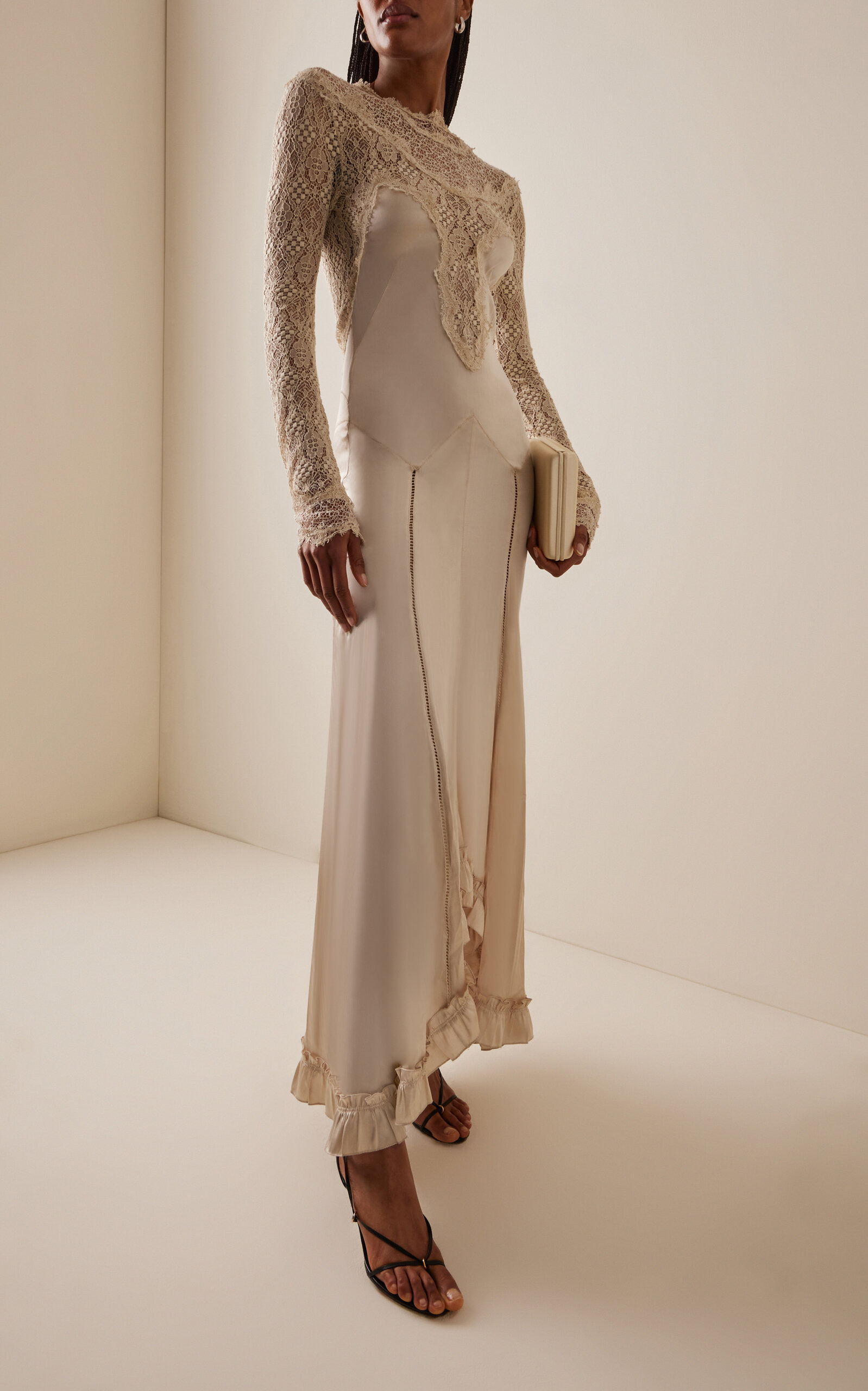 Dolores Lace-Inset Silk Satin Maxi Dress ivory - 2