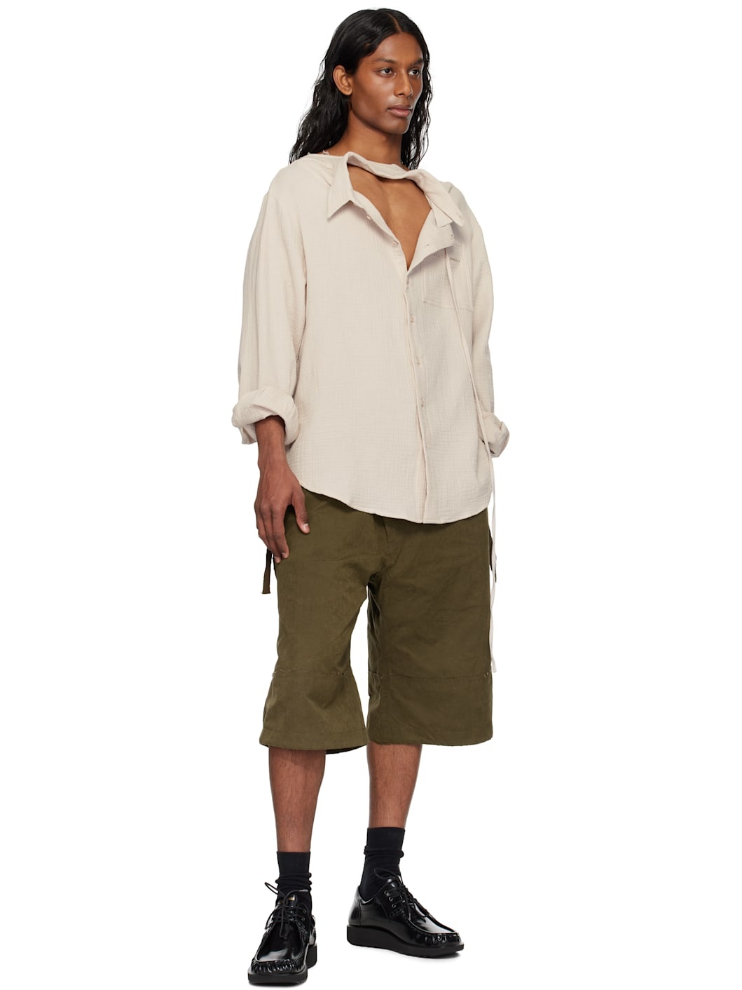 Beige Oversized Mousseline Cut-Out Shirt - 4