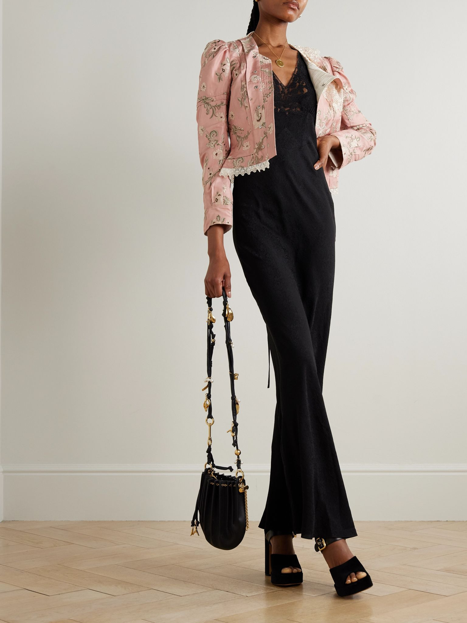 Lace-trimmed silk-jacquard gown Black - 2