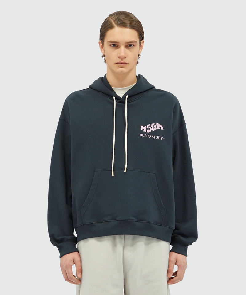 MSGM Organic cotton "Fantastic Green Burro Studio" navy blue hooded-sweatshirt outlook