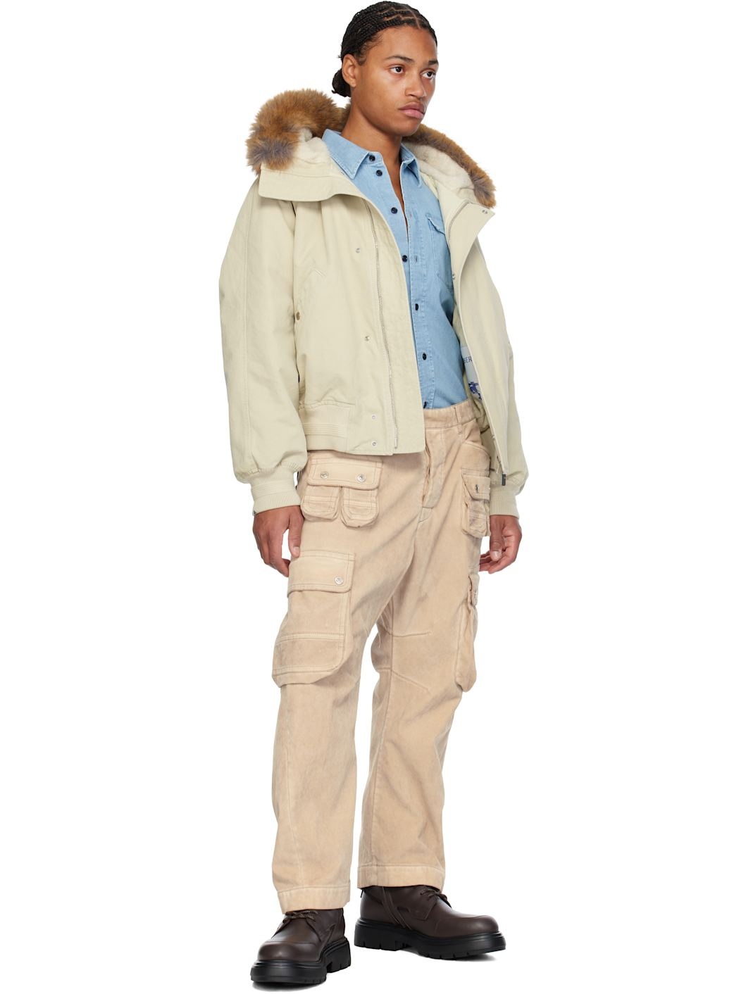 Beige Grunge Denim Cargo Pants - 4