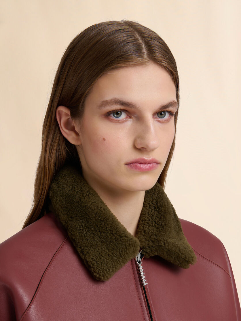 BURGUNDY LEATHER JACKET WITH SHEARLING COLLAR - 4