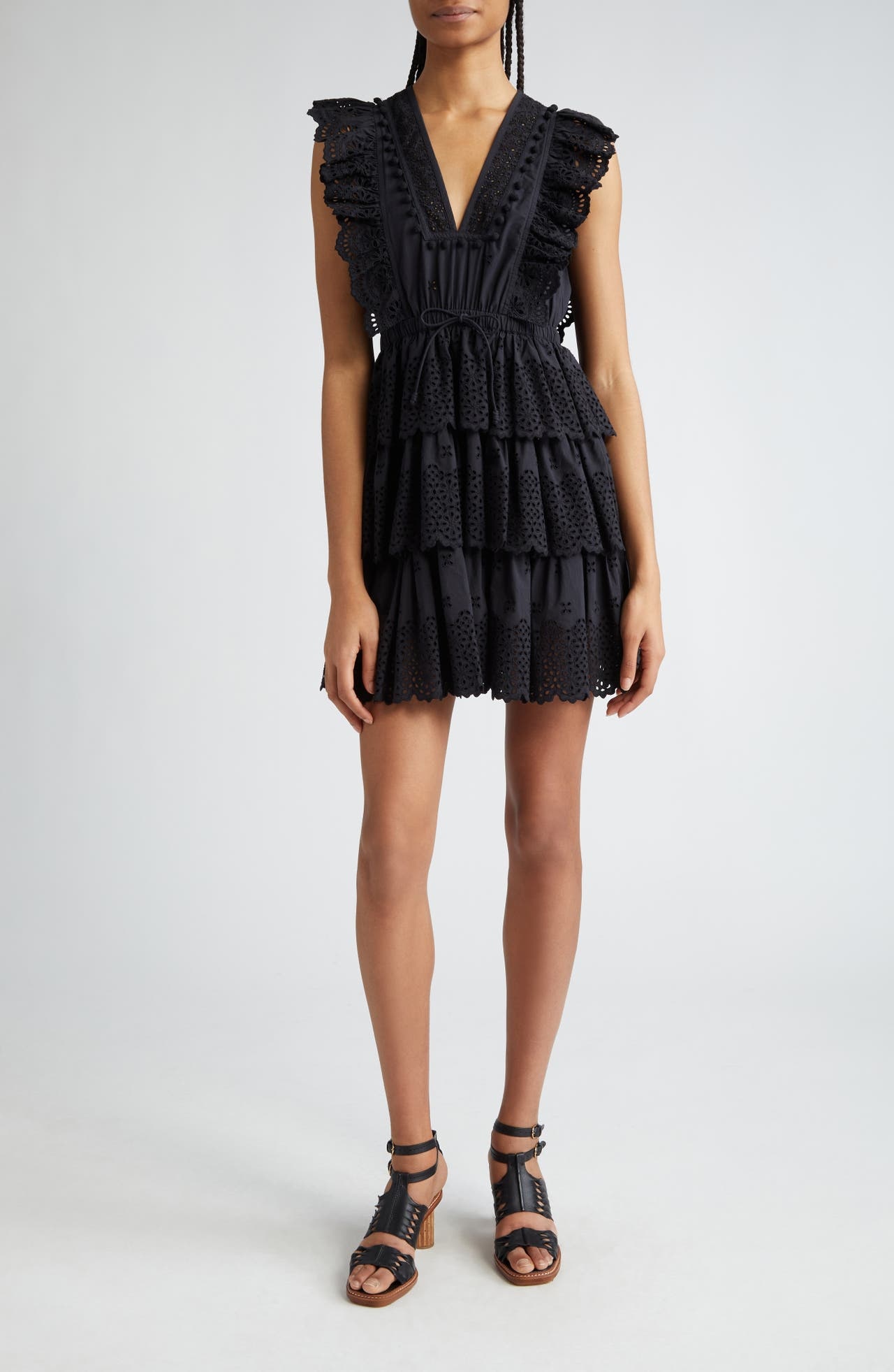 Ulla Johnson Lilith Eyelet Tiered Minidress in Noir at Nordstrom - 1