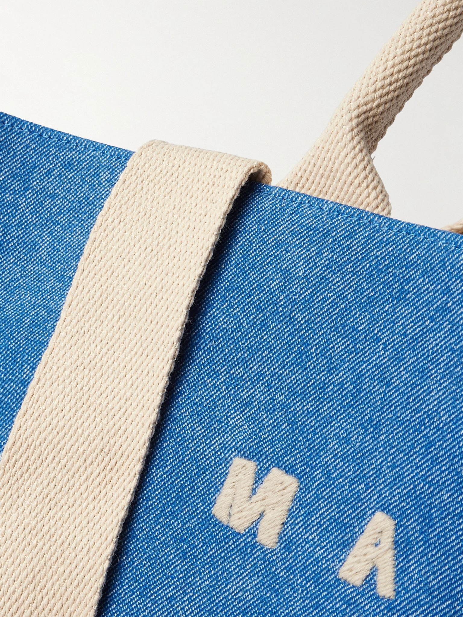 Logo-Embroidered Webbing-Trimmed Stonewashed Denim Tote Bag Blue - 4