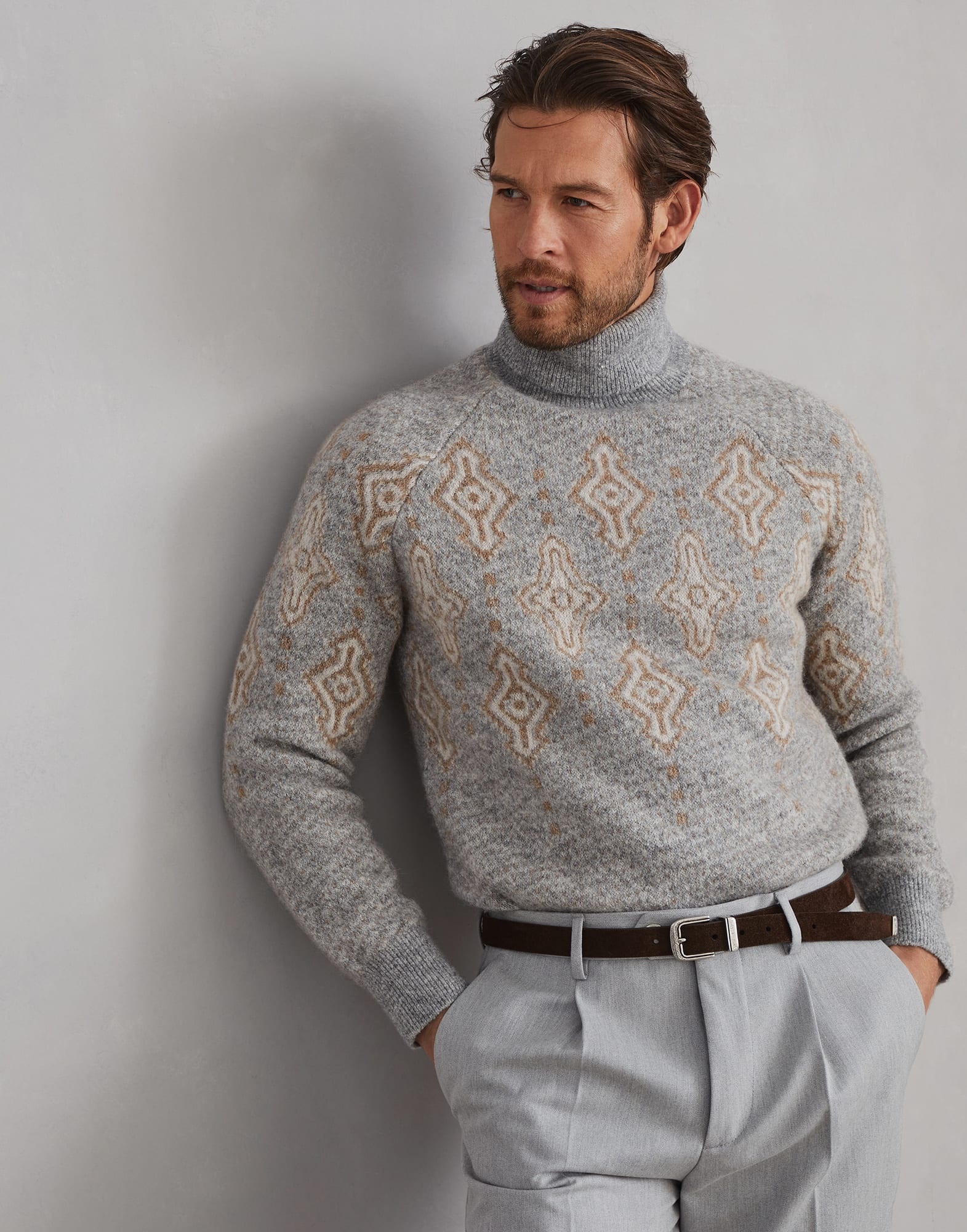 Geometric jacquard turtleneck sweater in alpaca, cotton and wool - 4