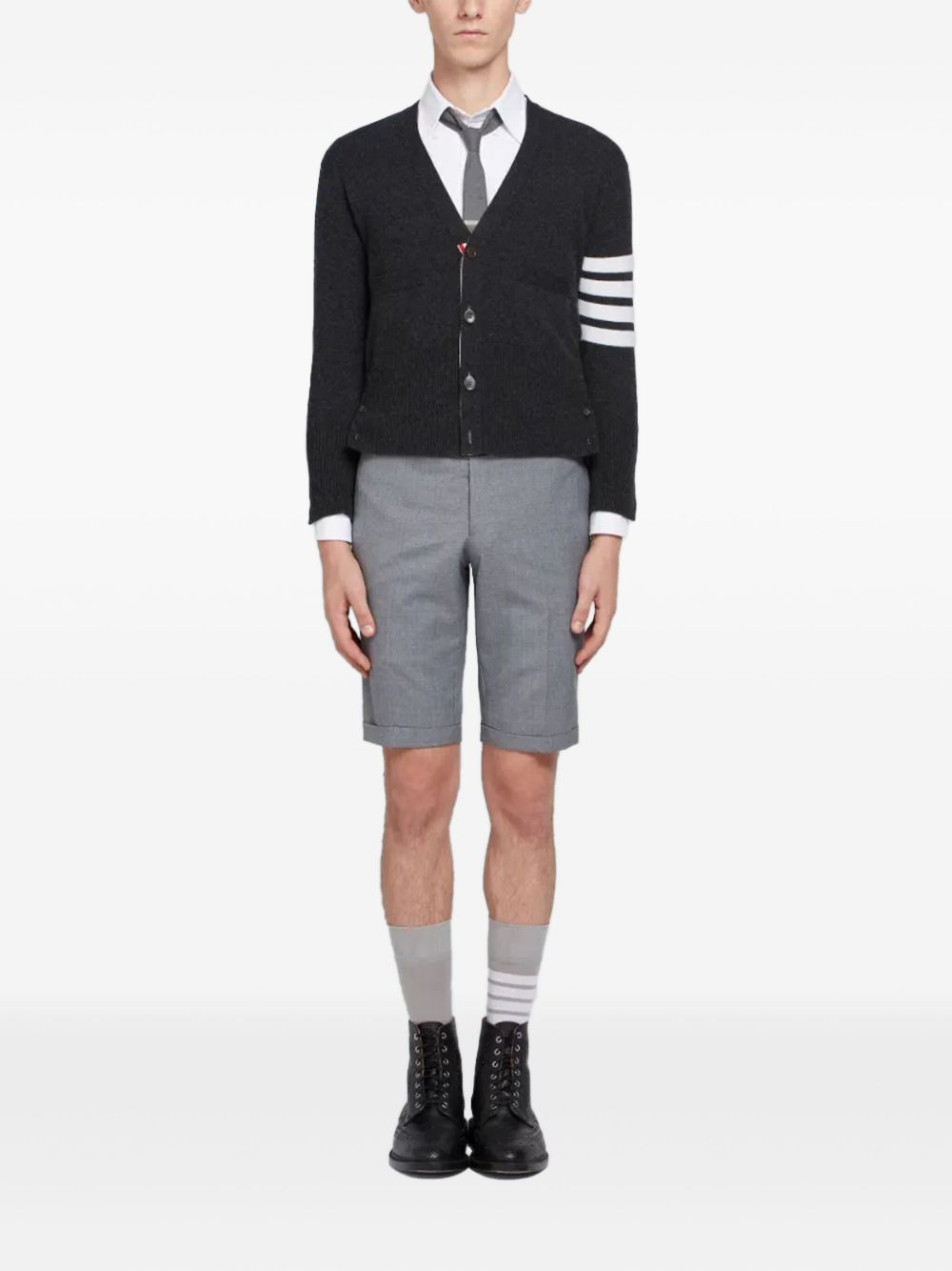 Short V-Neck Cardigan With 4-Bar Stripe In Medium Grey Cashmere - 2