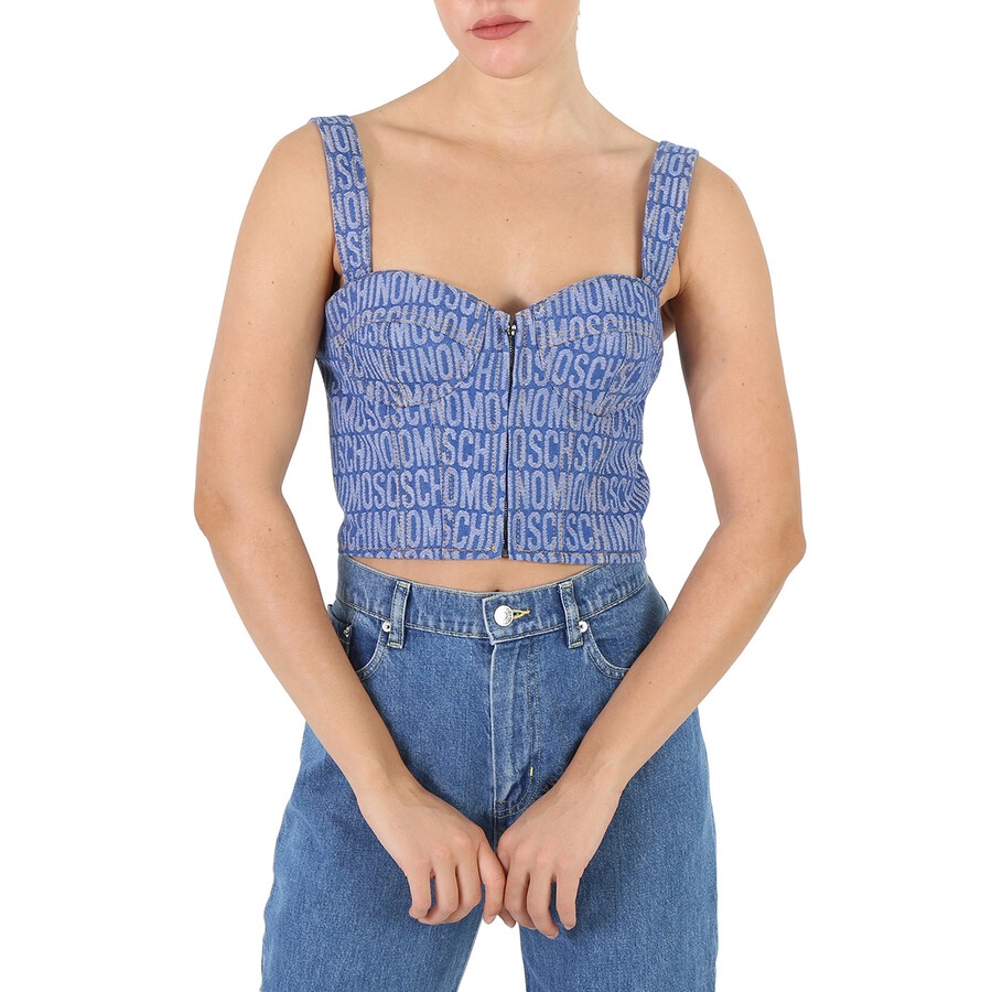 Moschino Ladies Fantasy Print Blue Monogram Denim Cropped Top - 3