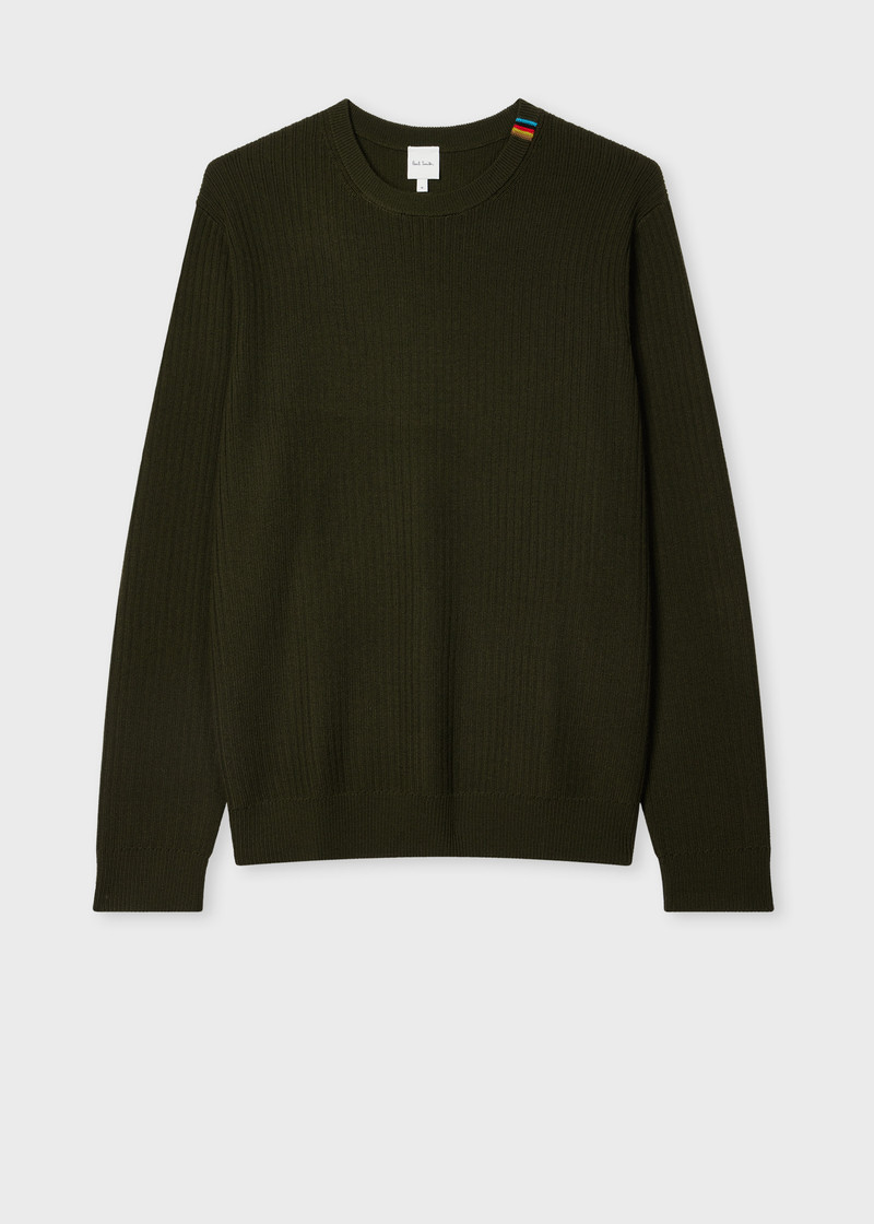 Khaki Washable Merino Wool 'Signature Stripe' Crew Neck Sweater 1