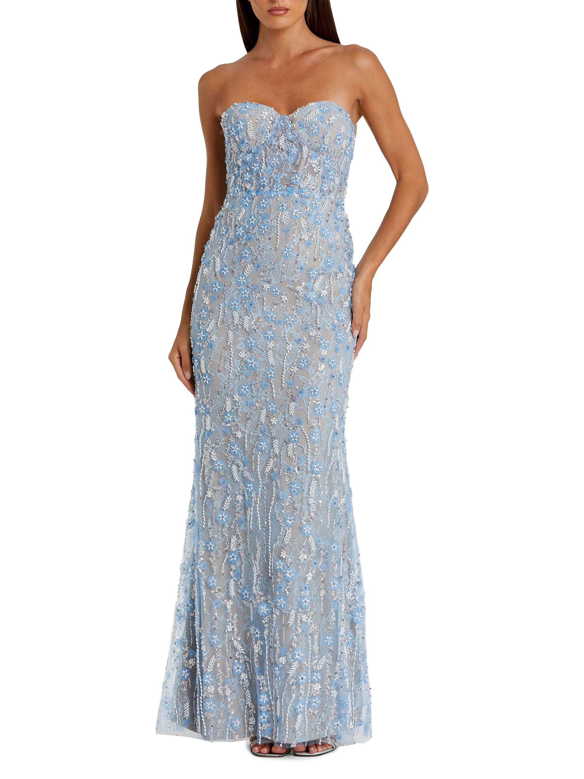 Women's Embellished Floral Lace Strapless Bustier Gown - Blue - 1