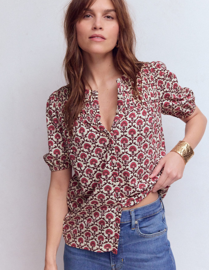 Mya Short Sleeve Smocked Shirt-Strawberry Pink,Flower Lattice 5