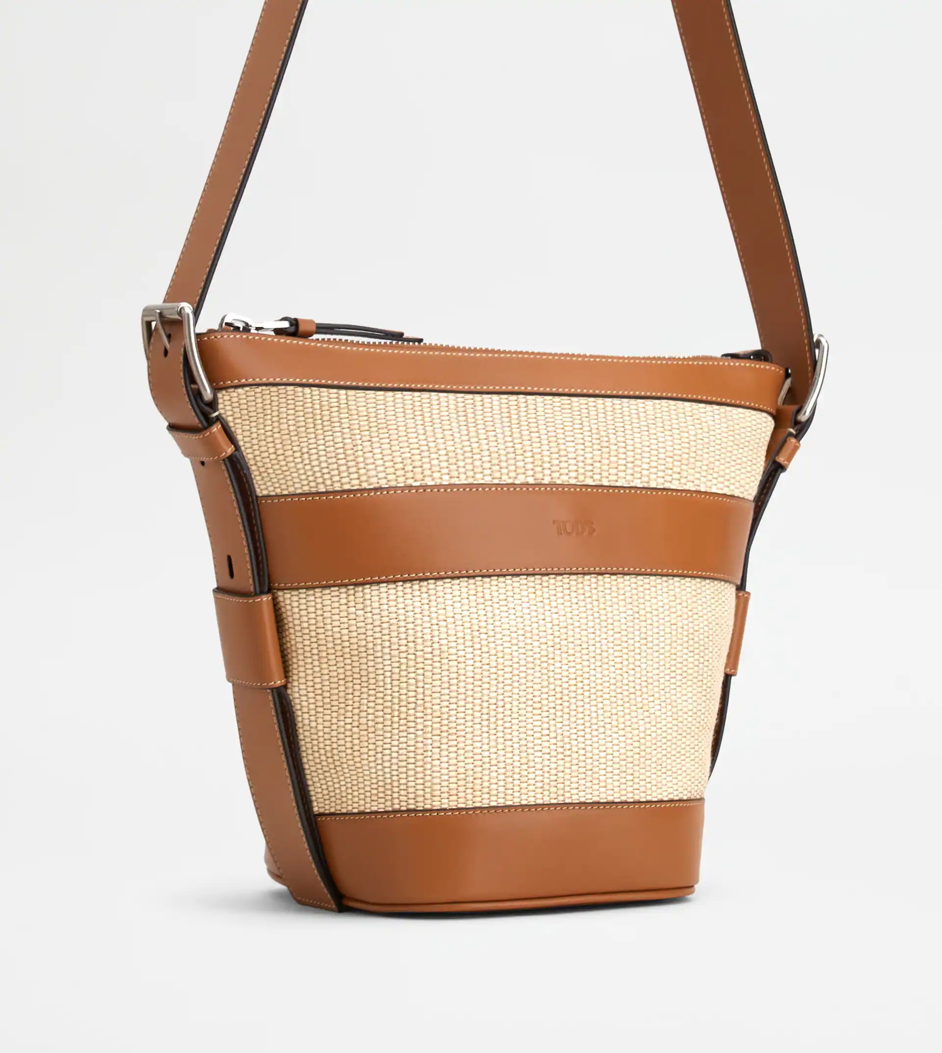 RAFFIA AND LEATHER BUCKET BAG SMALL - BROWN - 5