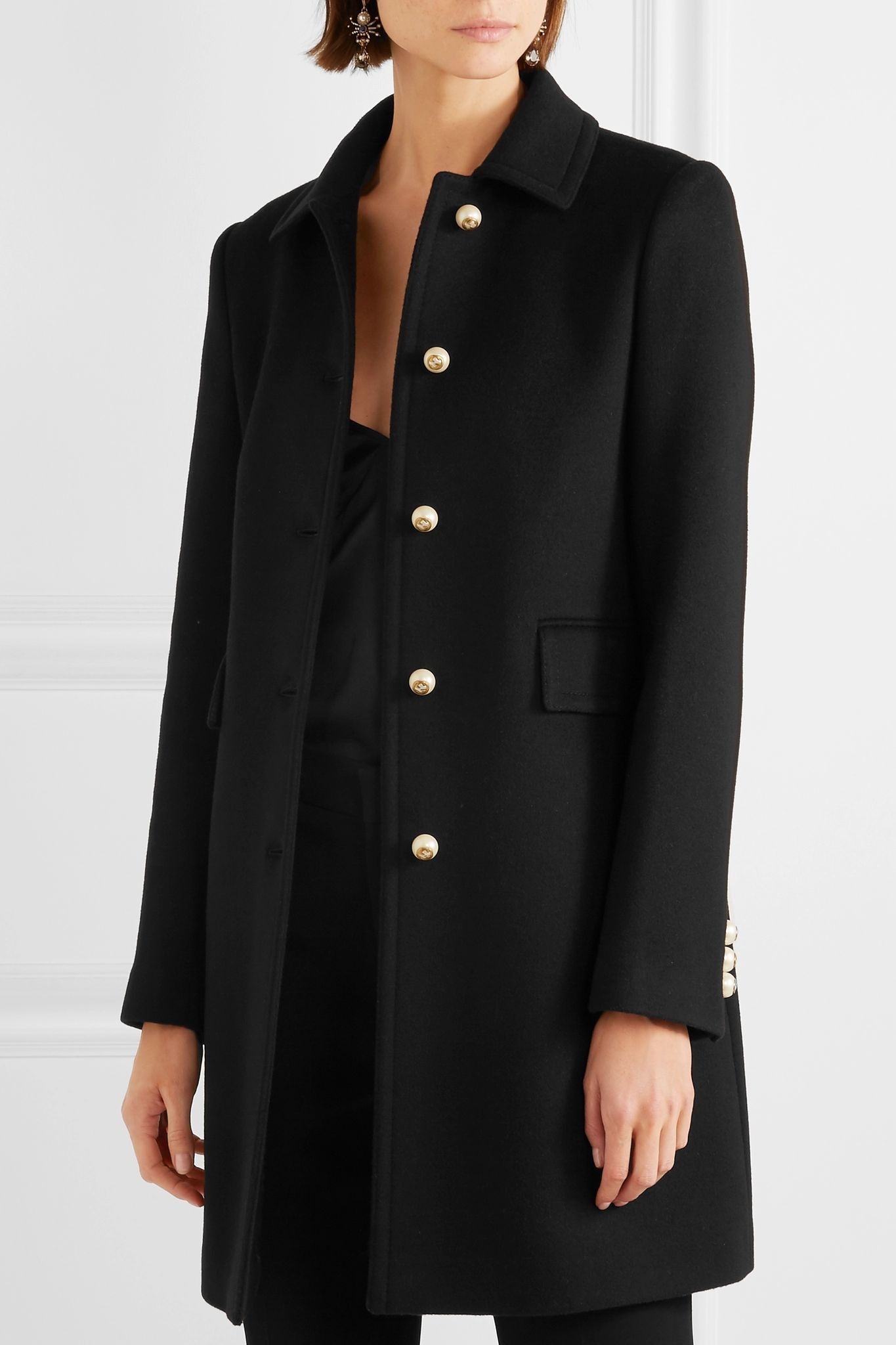 Faux pearl-embellished wool coat  - 3