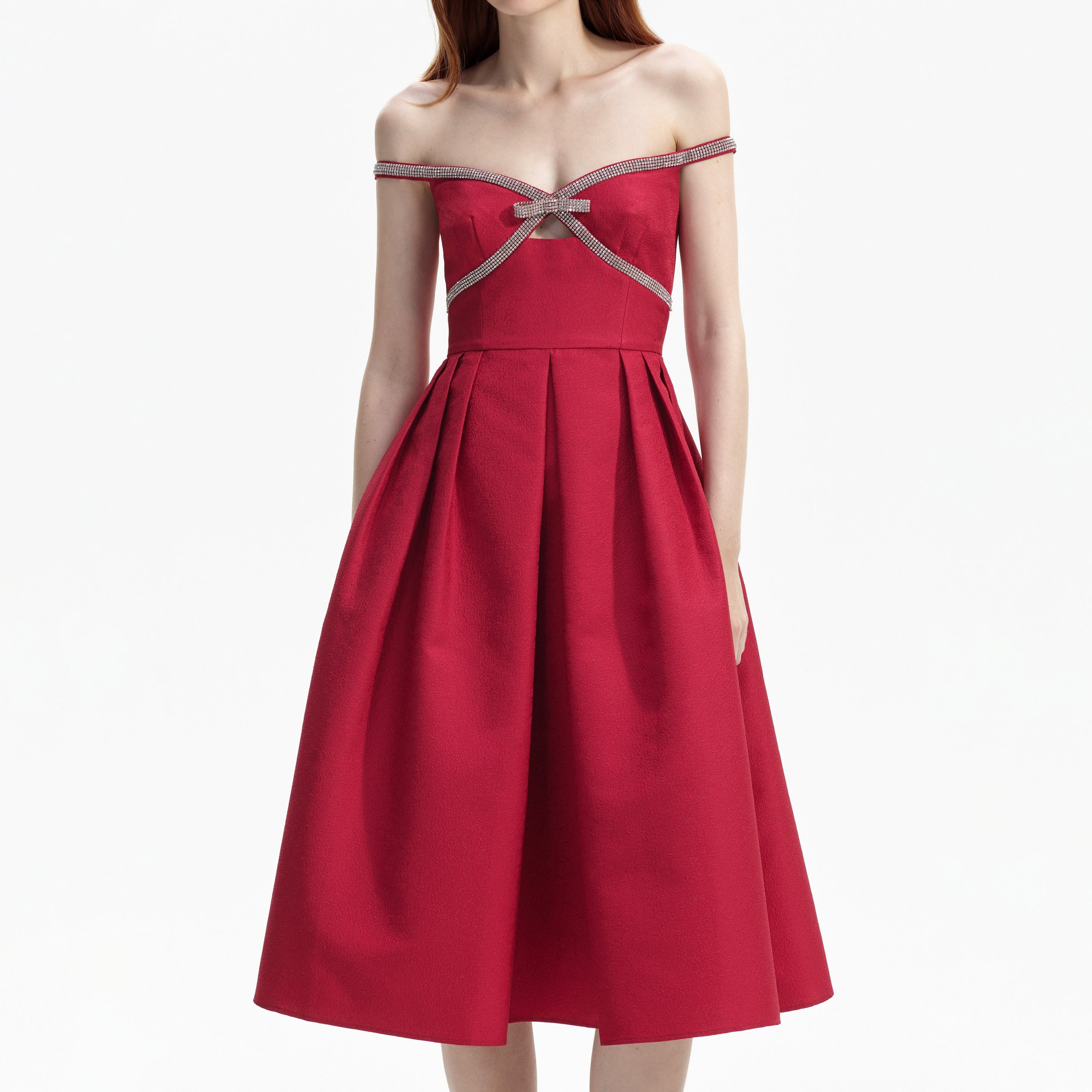 Red Textured Diamante Midi Dress - 4