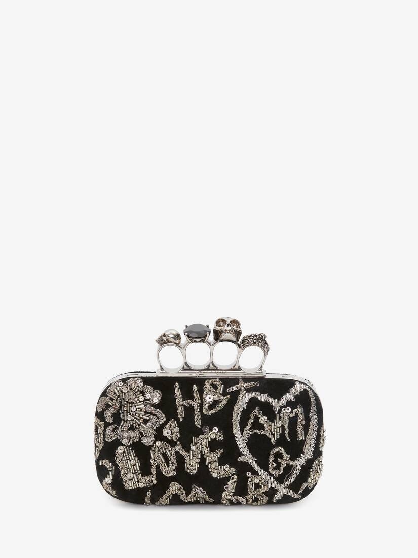 Skull Four Ring Clutch With Chain in Black - 1