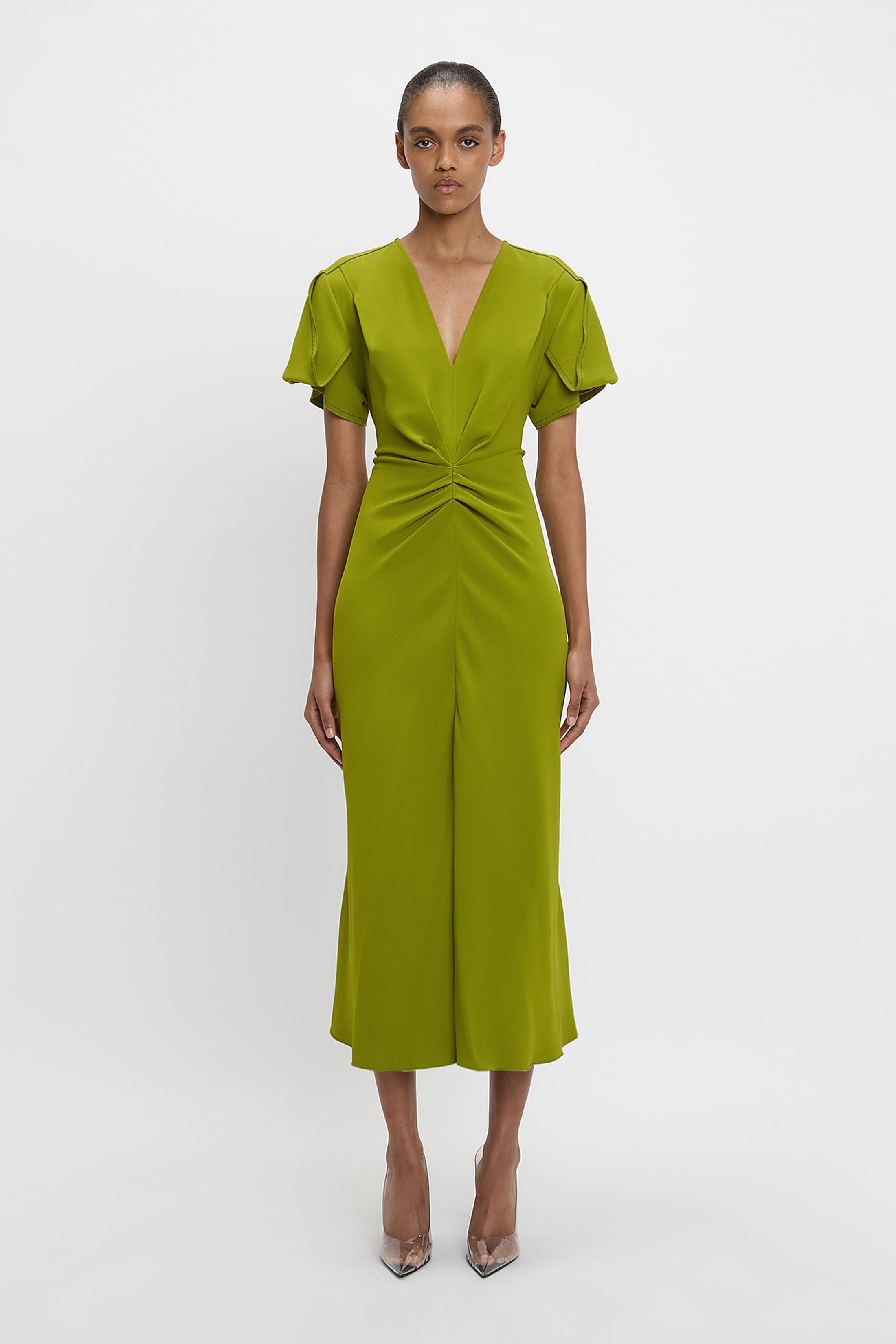 Gathered V-Neck Midi Dress In Parakeet - 2