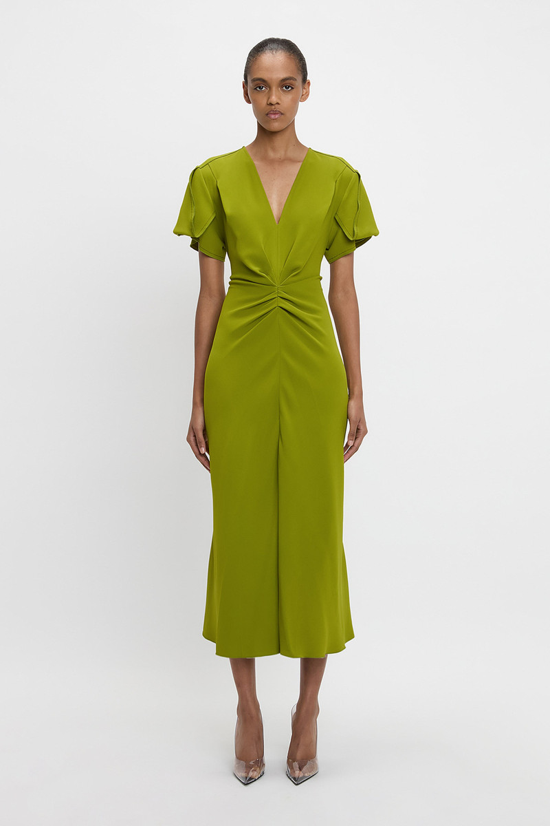Victoria Beckham Gathered V-Neck Midi Dress In Parakeet outlook