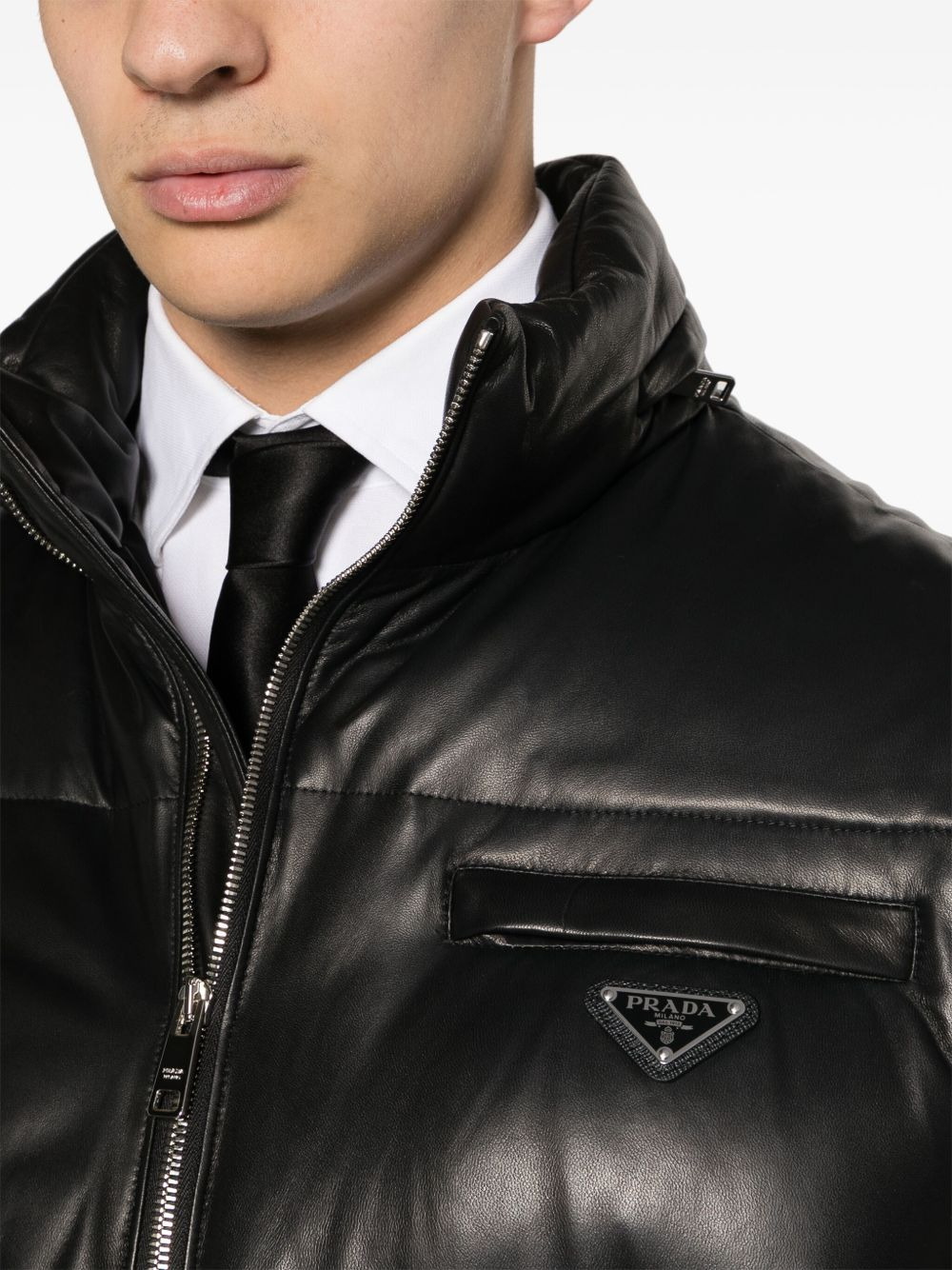 logo-plaque leather puffer coat - 5