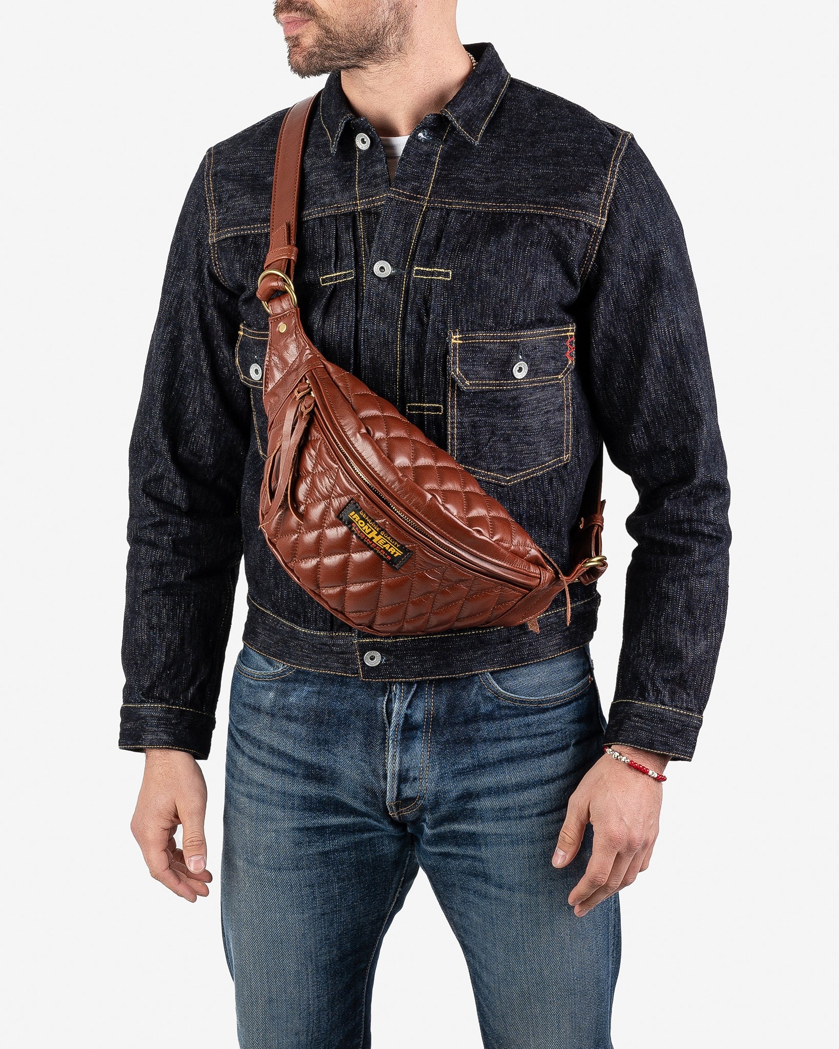 IHE-45-BRN Diamond Stitched Leather Waist Bag - Brown - 3
