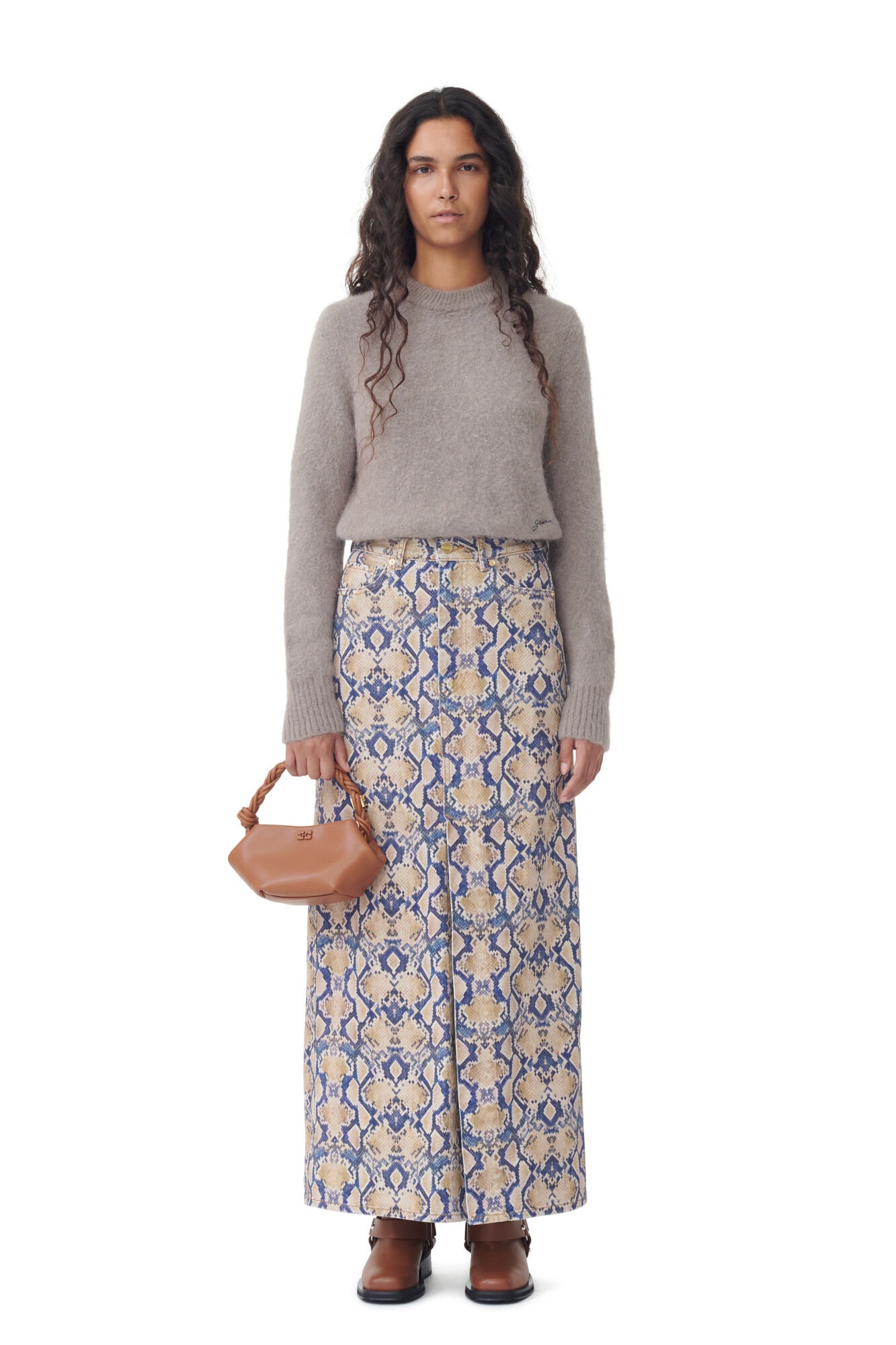 SNAKE PRINTED DENIM MAXI SLIT SKIRT - 3