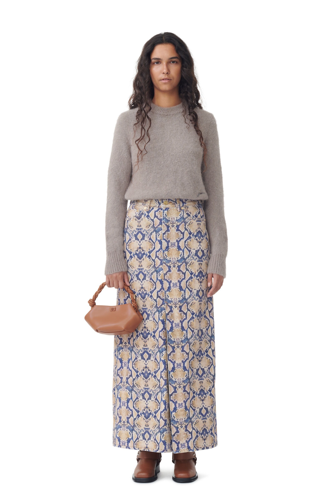 SNAKE PRINTED DENIM MAXI SLIT SKIRT - 2